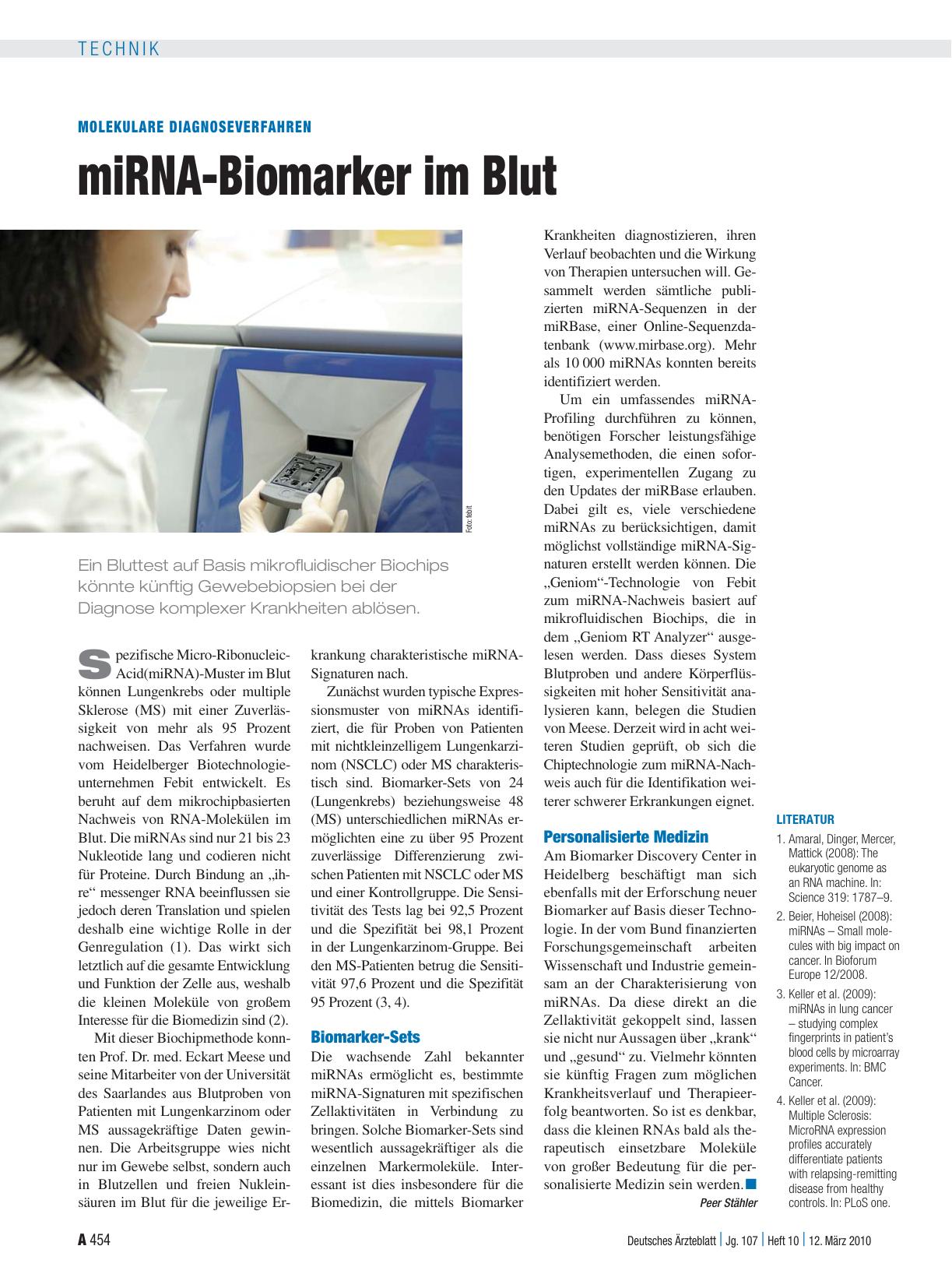 Vorschauseite 1: Molekulare Diagnoseverfahren: miRNA-Biomarker im Blut