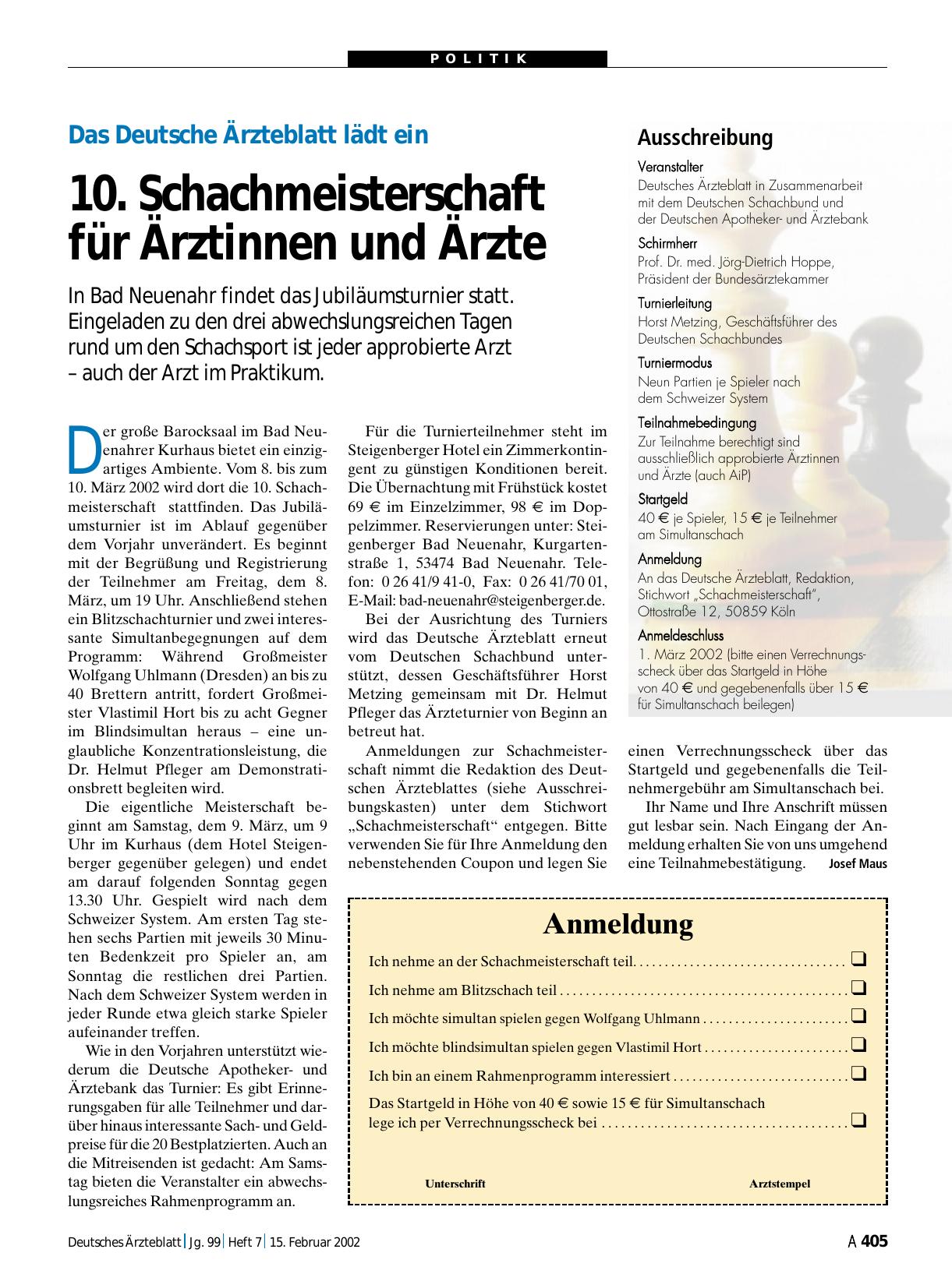 Vorschauseite 1: Das Deutsche Ärzteblatt lädt ein: 10. Schachmeisterschaft für Ärztinnen und Ärzte