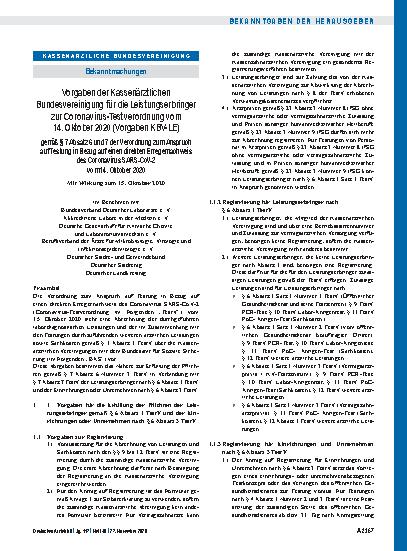 Vorschauseite 1: Vorgaben der Kassenärztlichen Bundesvereinigung für die Leistungserbringer zur Coronavirus-Testverordnung vom 14. Oktober 2020 (Vorgaben KBV-LE) gemäß § 7 Absatz 6 und 7 der Veror…