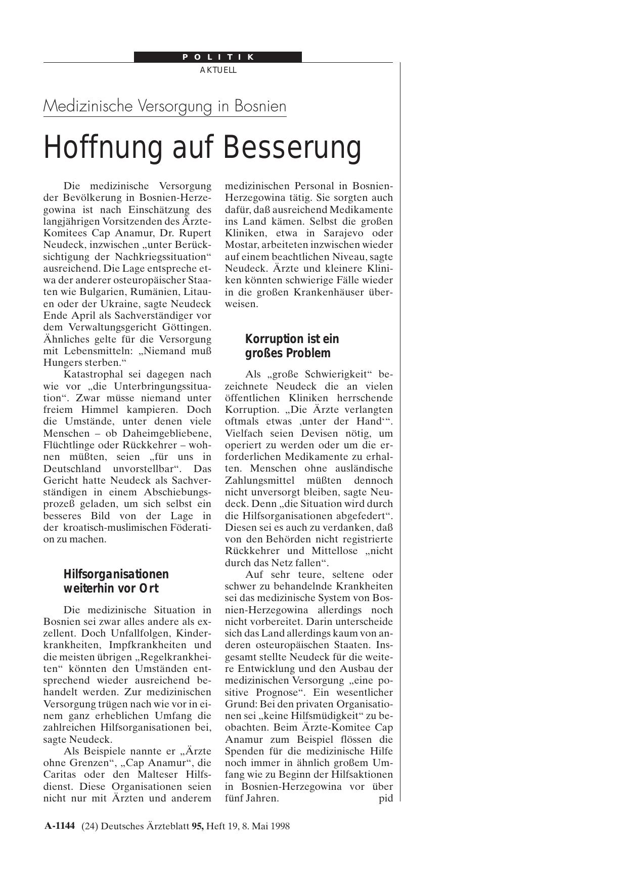 Vorschauseite 1: Medizinische Versorgung in Bosnien: Hoffnung auf Besserung