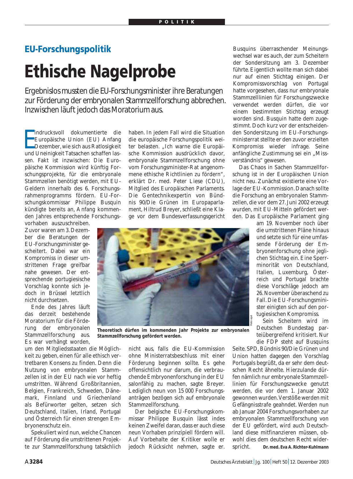 Vorschauseite 1: EU-Forschungspolitik: Ethische Nagelprobe
