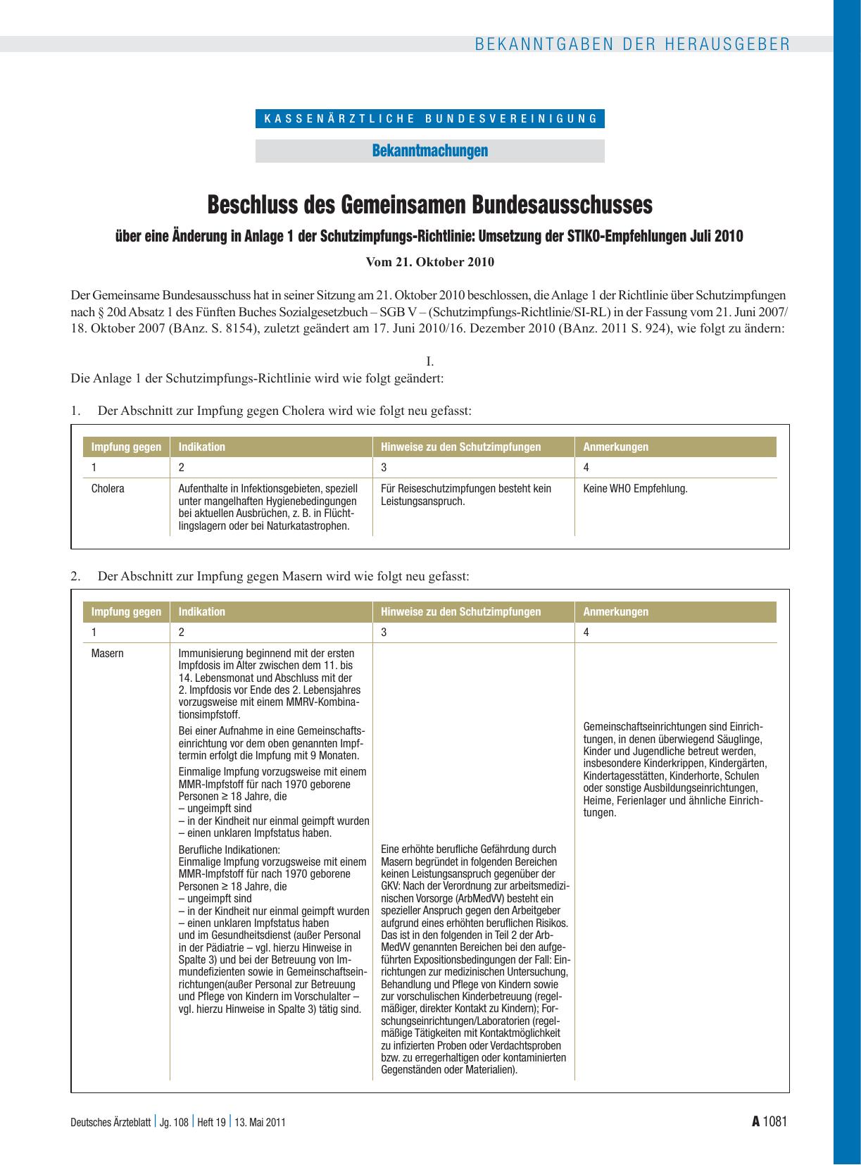 Vorschauseite 1: Beschluss des Gemeinsamen Bundesausschusses über eine Änderung in Anlage 1 der Schutzimpfungs-Richtlinie: Umsetzung der STIKO-Empfehlungen Juli 2010