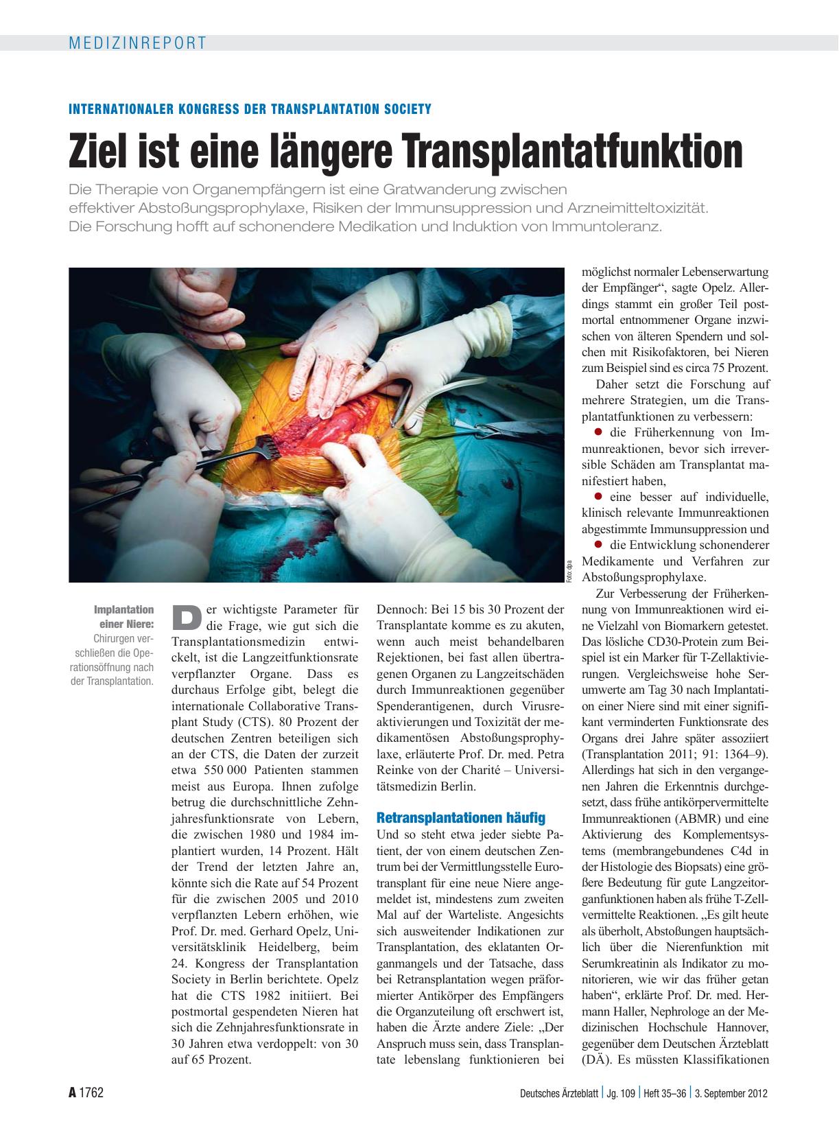 Vorschauseite 1: Internationaler Kongress der Transplantation Society: Ziel ist eine längere Transplantatfunktion