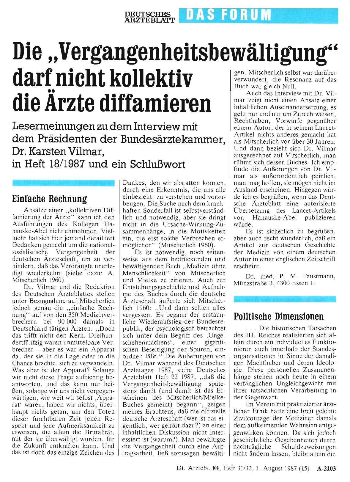 Vorschauseite 1: Die „Vergangenheitsbewältigung“ darf nicht kollektiv die Ärzte diffamieren: Einfache Rechnung