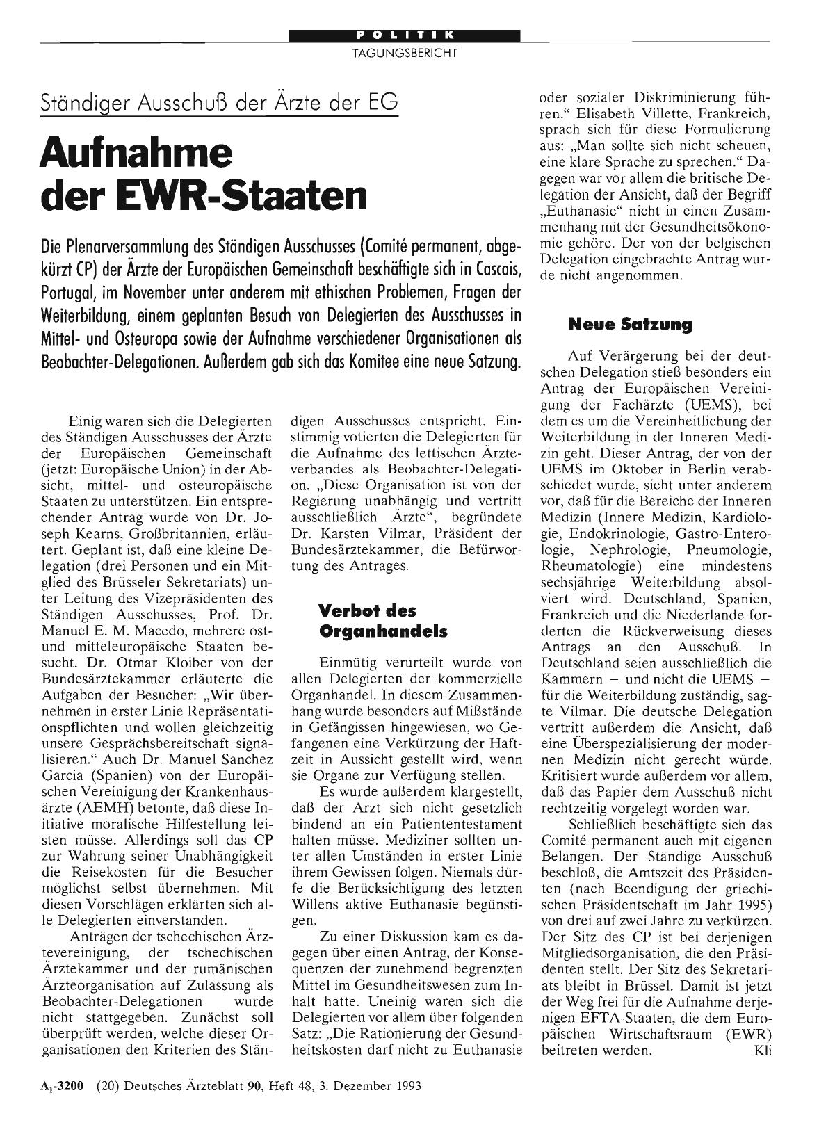 Vorschauseite 1: Ständiger Ausschuß der Ärzte der EG: Aufnahme der EWR-Staaten