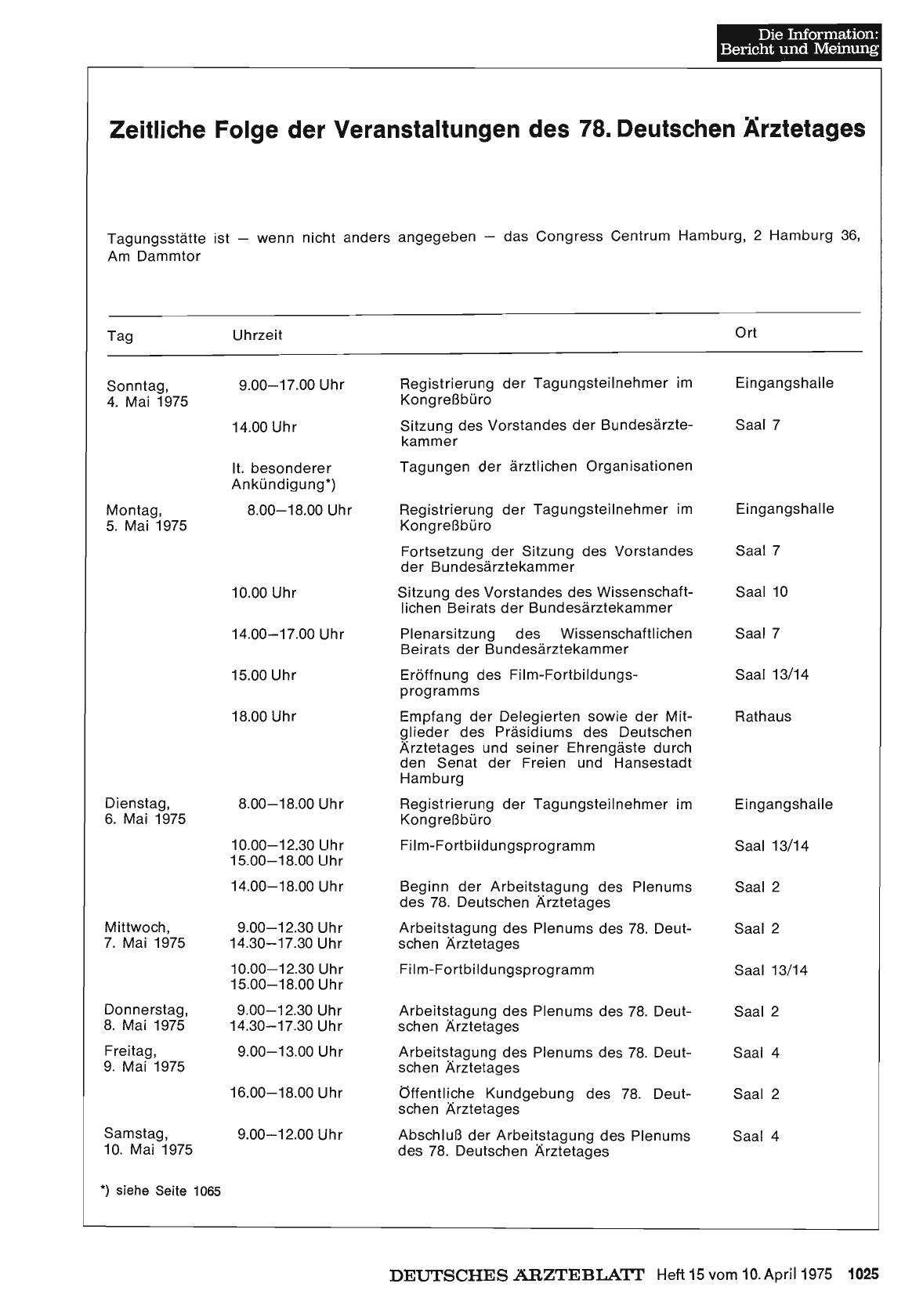 Vorschauseite 1: Zeitliche Folge der Veranstaltungen des 78. Deutschen Ärztetages