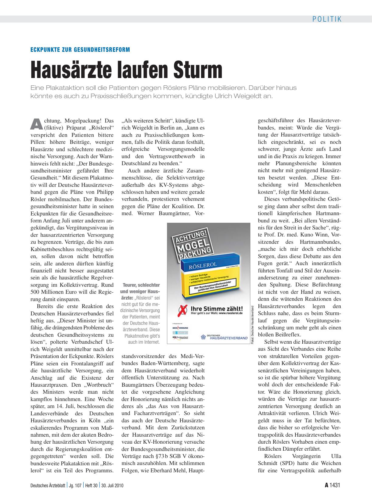 Vorschauseite 1: Eckpunkte zur Gesundheitsreform: Hausärzte laufen Sturm