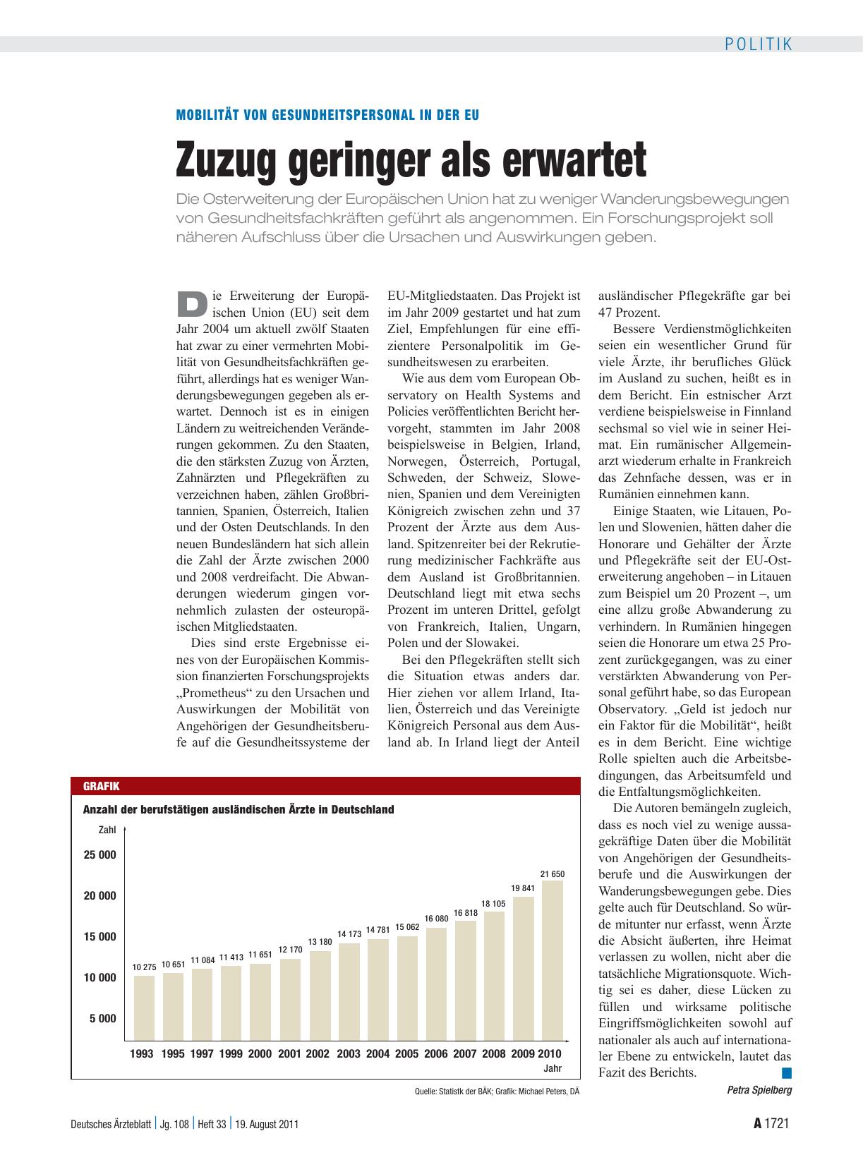 Vorschauseite 1: Mobilität von Gesundheitspersonal in der EU: Zuzug geringer als erwartet