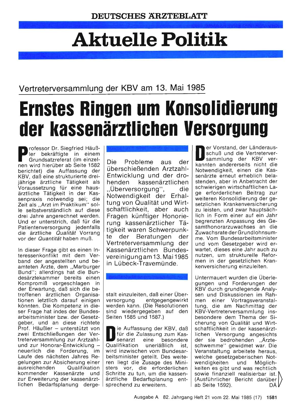 Vorschauseite 1: Vertreterversammlung der KBV am 13. Mai 1985 Ernstes Ringen um Konsolidierung der kassenärztlichen Versorgung