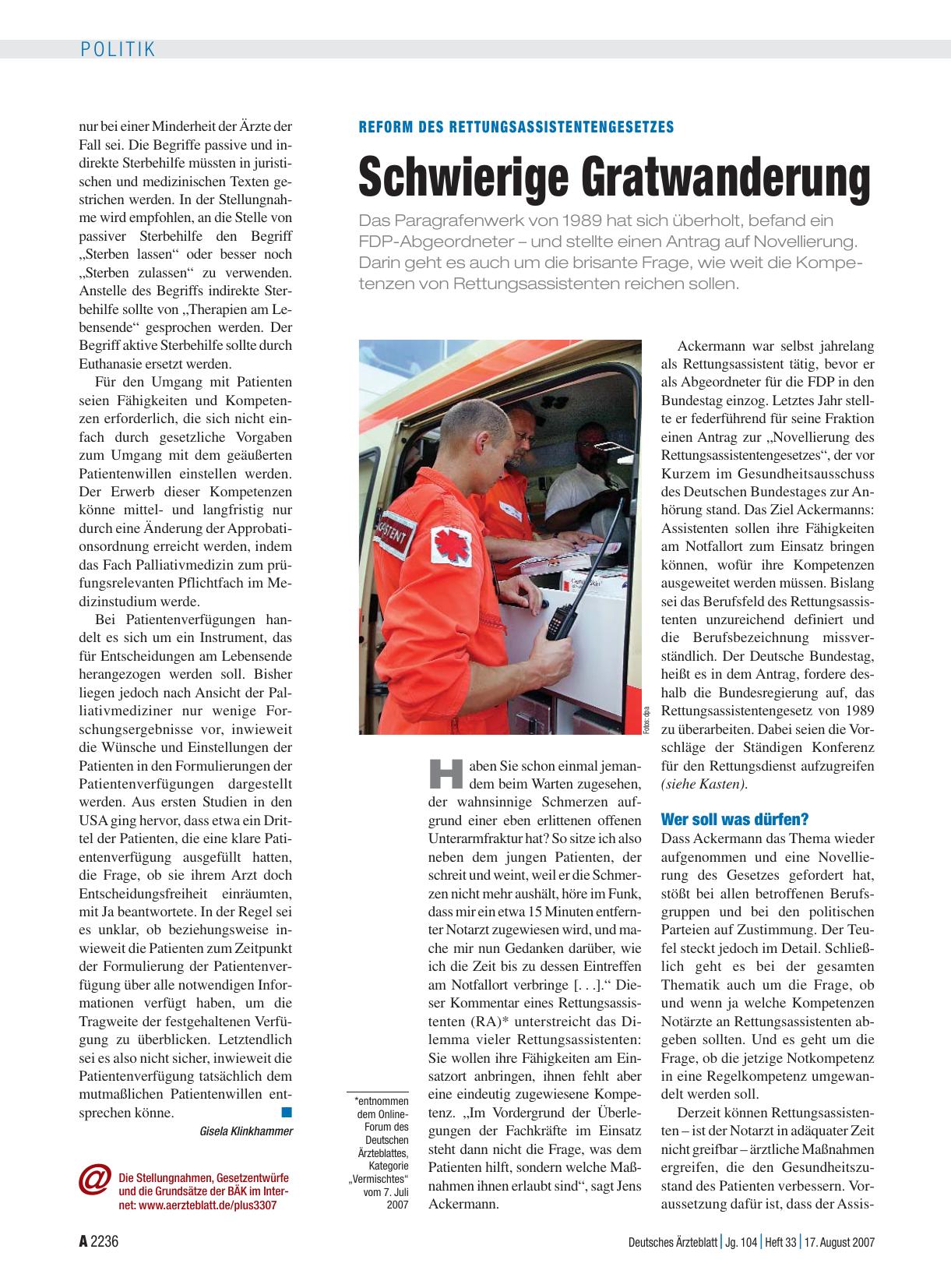 Vorschauseite 1: Reform des Rettungsassistentengesetzes: Schwierige Gratwanderung
