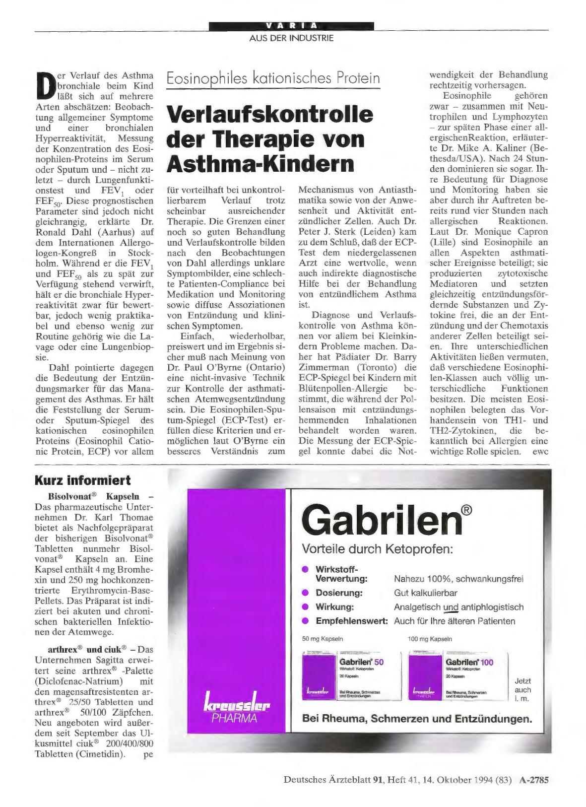 Vorschauseite 1: Eosinophiles kationisches Protein: Verlaufskontrolle der Therapie von Asthma-Kindern