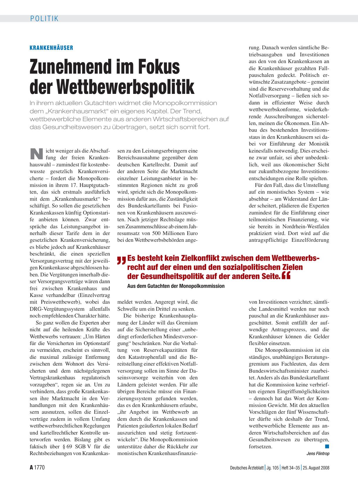 Vorschauseite 1: Krankenhäuser: Zunehmend im Fokus der Wettbewerbspolitik