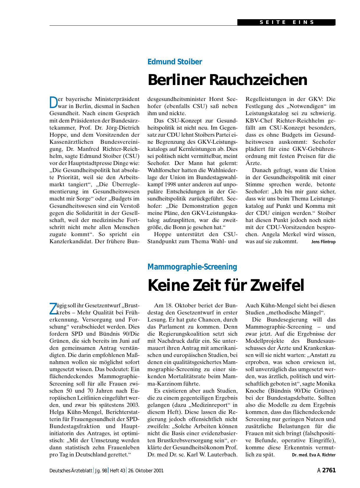 Vorschauseite 1: Edmund Stoiber: Berliner Rauchzeichen