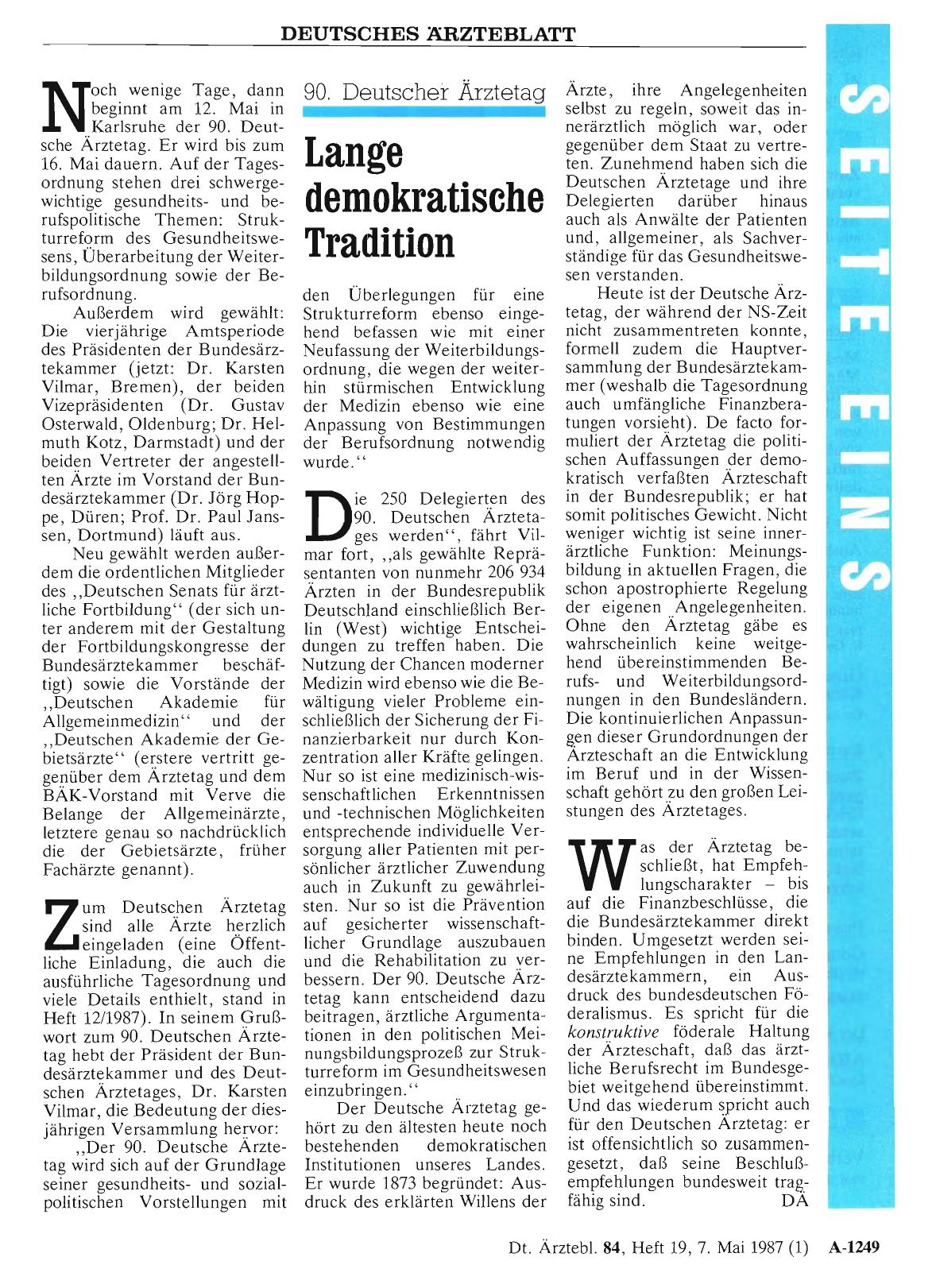 Vorschauseite 1: 90. Deutscher Ärztetag: Lange demokratische Tradition