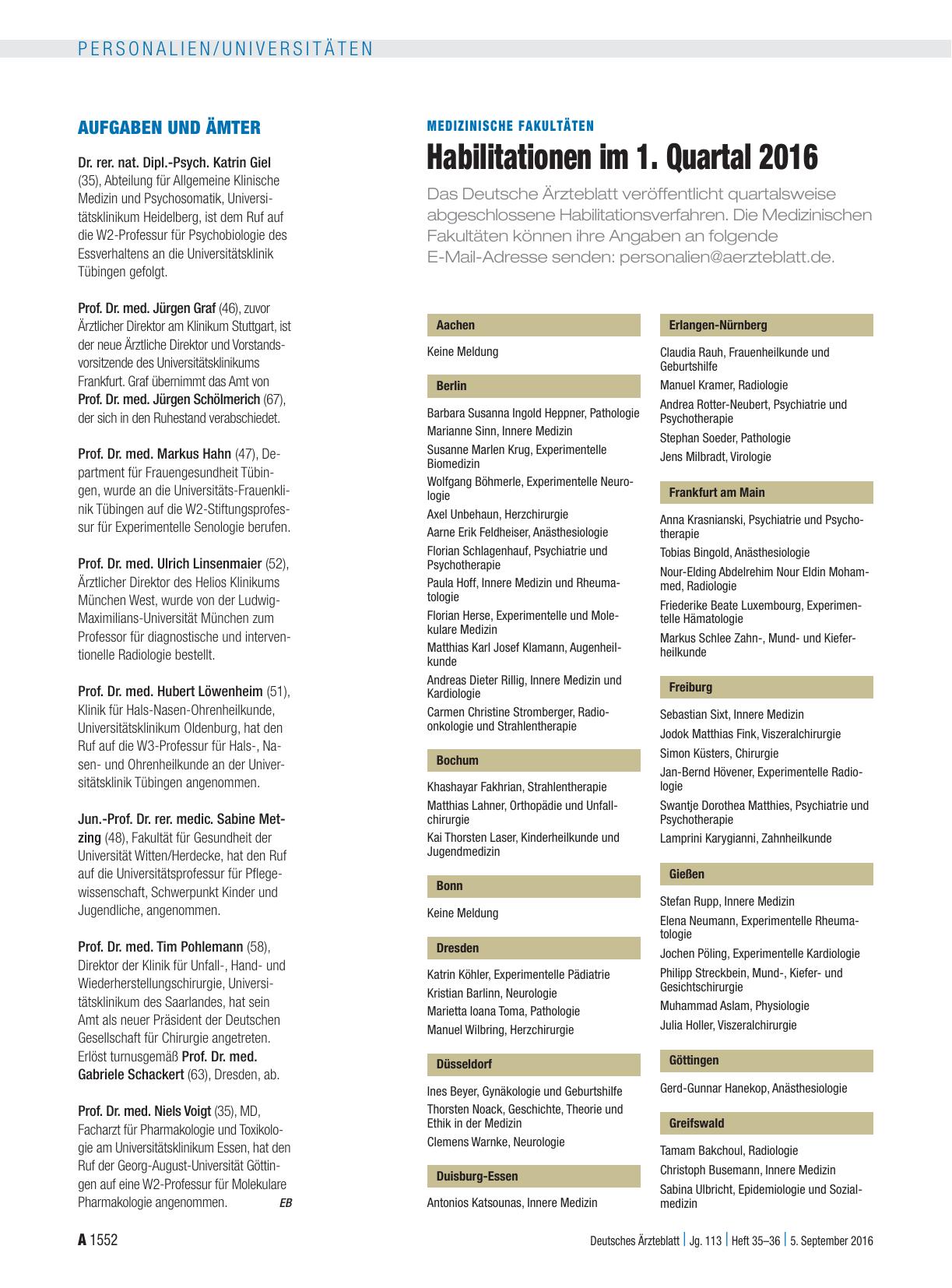 Vorschauseite 1: Medizinische Fakultäten: Habilitationen im 1. Quartal 2016
