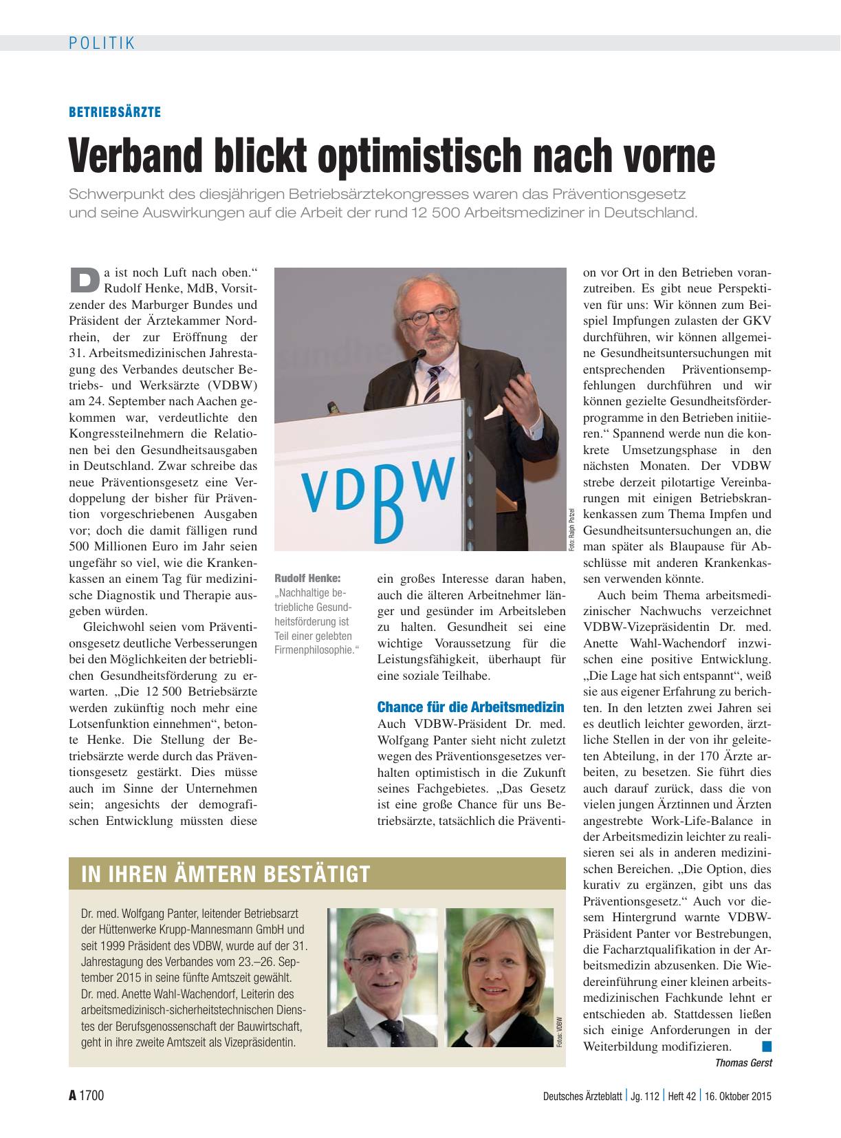 Vorschauseite 1: Betriebsärzte: Verband blickt optimistisch nach vorne