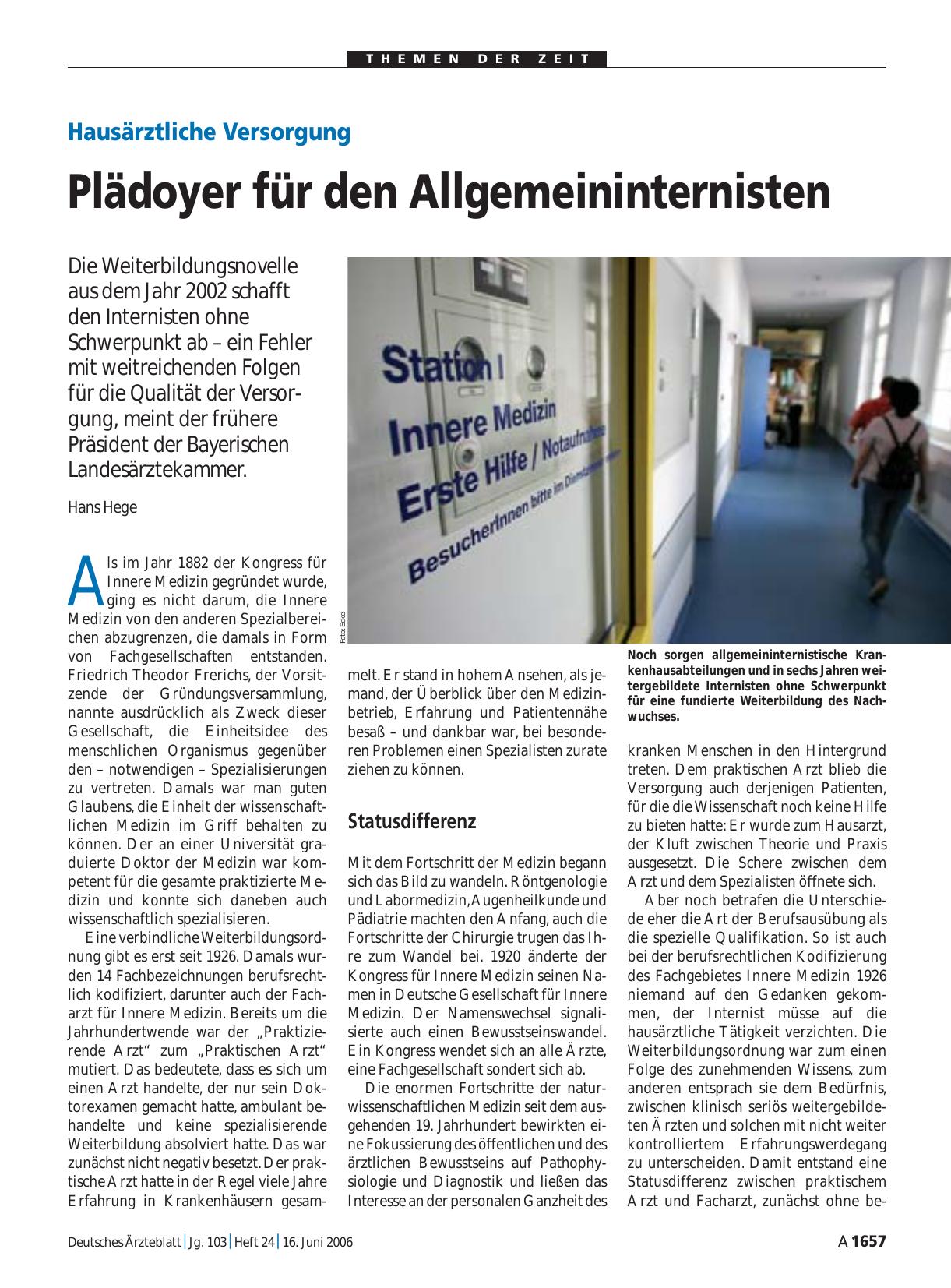 Vorschauseite 1: Hausärztliche Versorgung: Plädoyer für den Allgemeininternisten