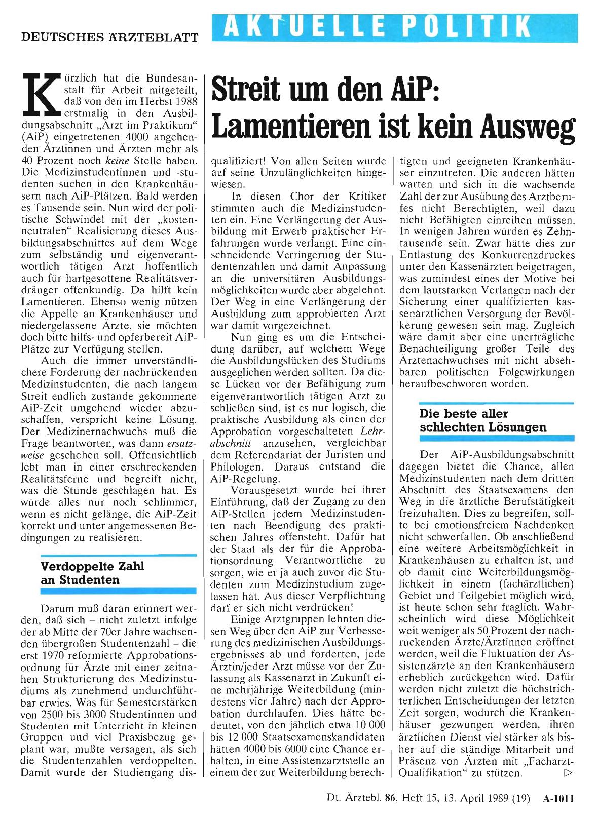 Vorschauseite 1: Streit um den AiP: Lamentieren ist kein Ausweg