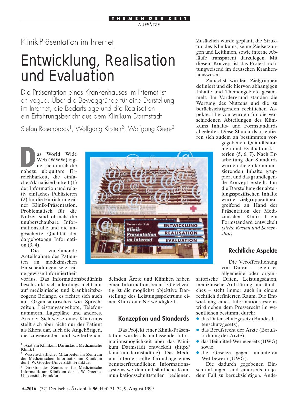 Vorschauseite 1: Klinik-Präsentation im Internet: Entwicklung, Realisation und Evaluation