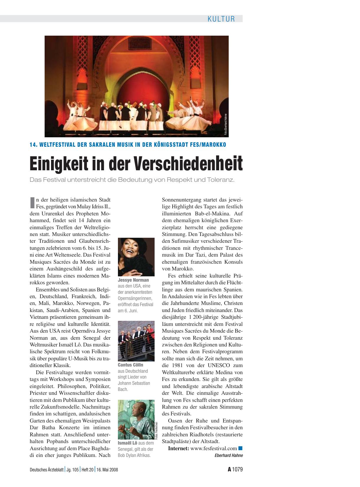 Vorschauseite 1: 14. Weltfestival der sakralen Musik in der Königsstadt Fes/Marokko: Einigkeit in der Verschiedenheit