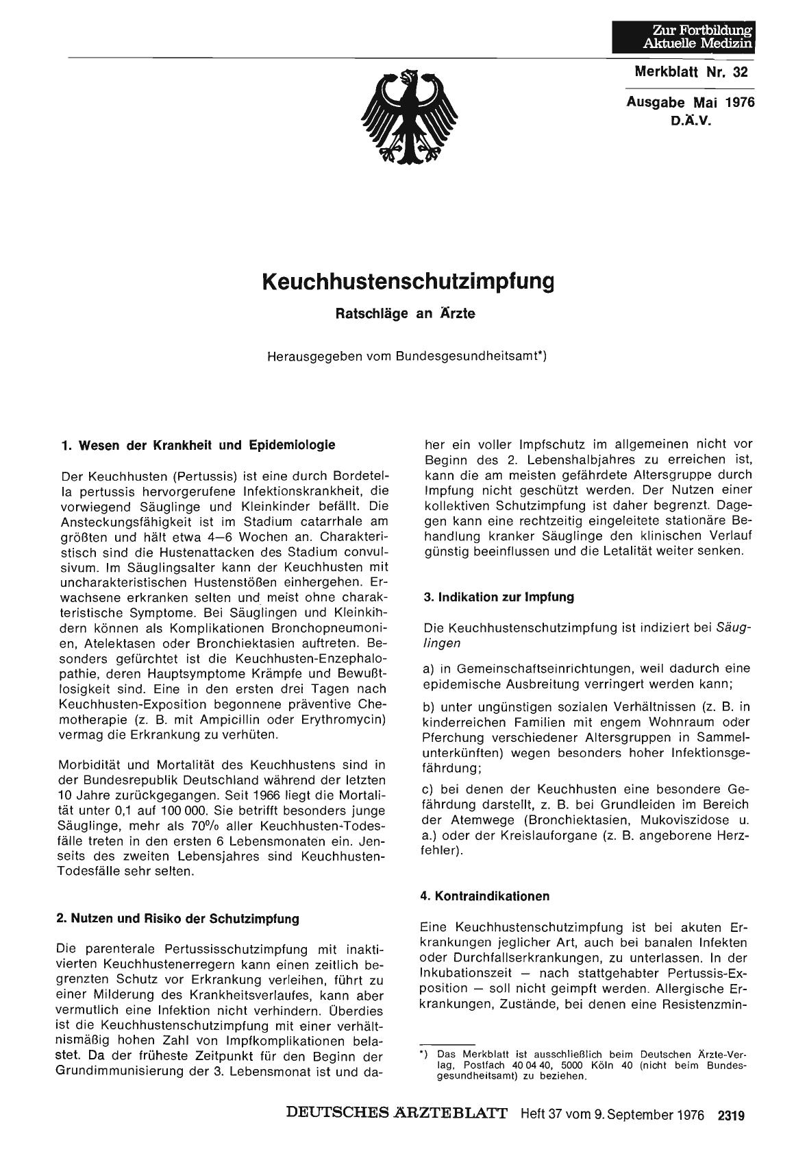 Vorschauseite 1: Merkblatt Nr. 32 Ausgabe Mai 1976 D. Ä. V. : Keuchhustenschutzimpfung - Ratschläge an Ärzte