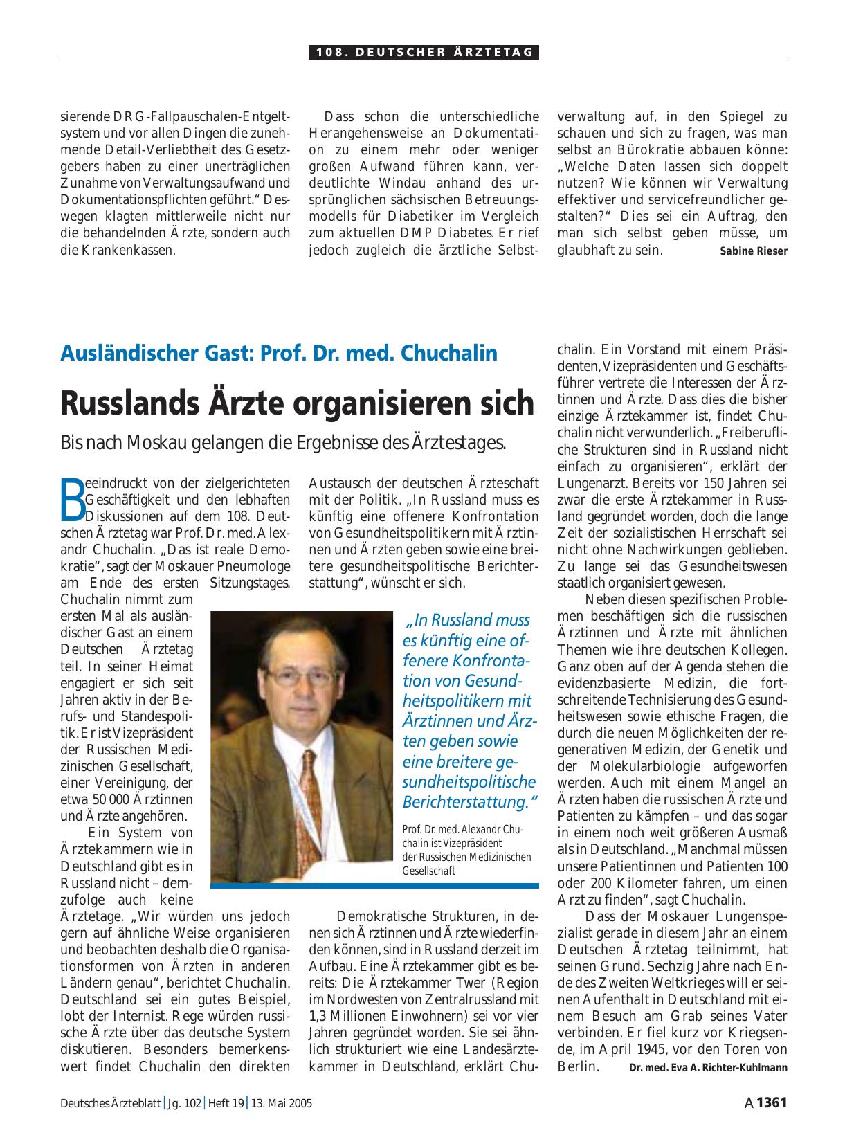 Vorschauseite 1: Ausländischer Gast - Prof. Dr. med. Chuchalin: Russlands Ärzte organisieren sich