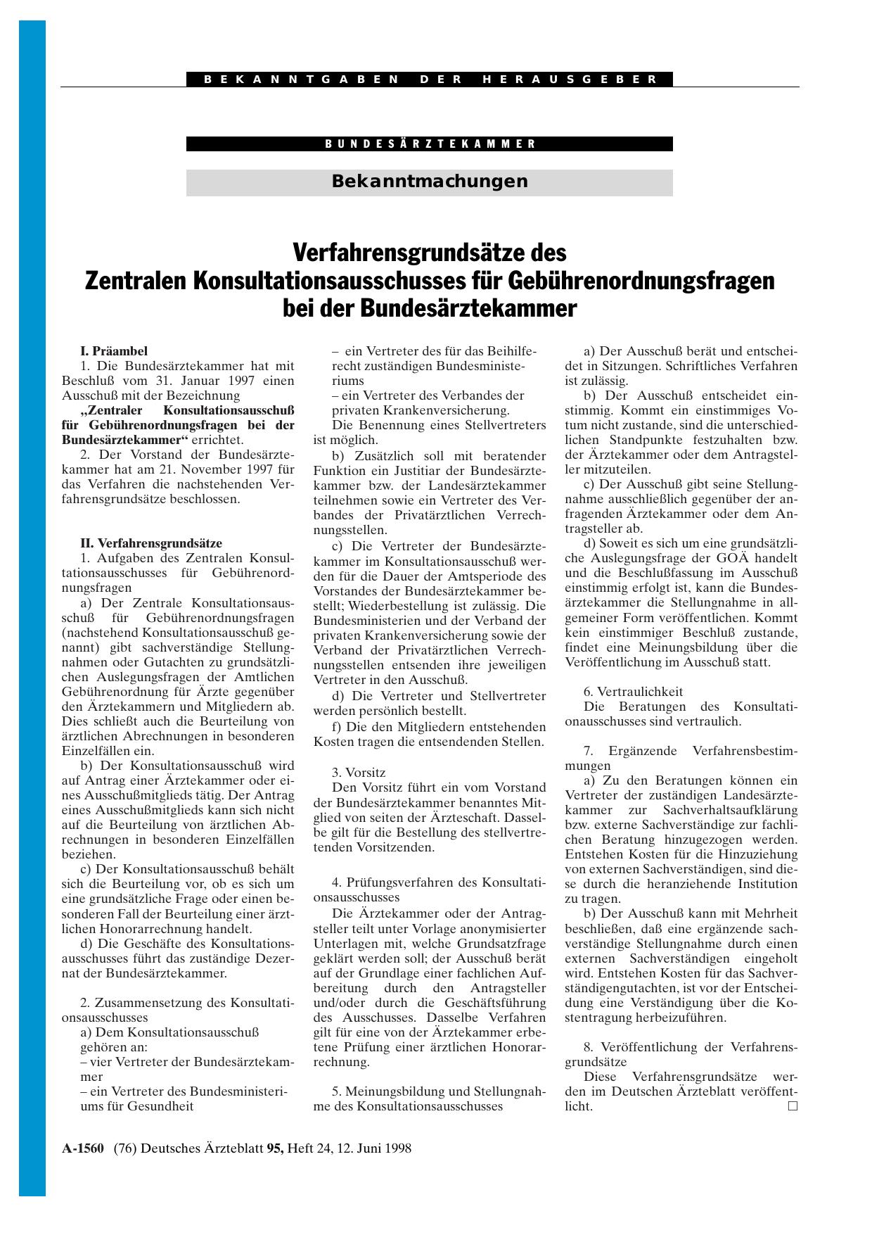 Vorschauseite 1: Verfahrensgrundsätze des Zentralen Konsultationsausschusses für Gebührenordnungsfragen bei der Bundesärztekammer