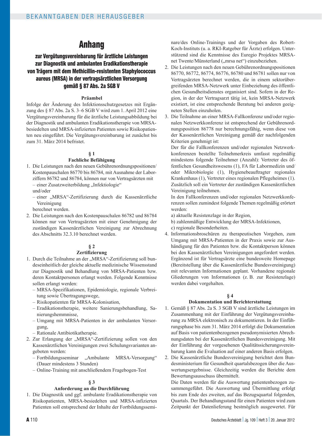 Vorschauseite 1: Anhang zur Vergütungsvereinbarung für ärztliche Leistungen zur Diagnostik und ambulanten Eradikationstherapie von Trägern mit dem Methicillin-resistenten Staphylococcus aureus (MR…