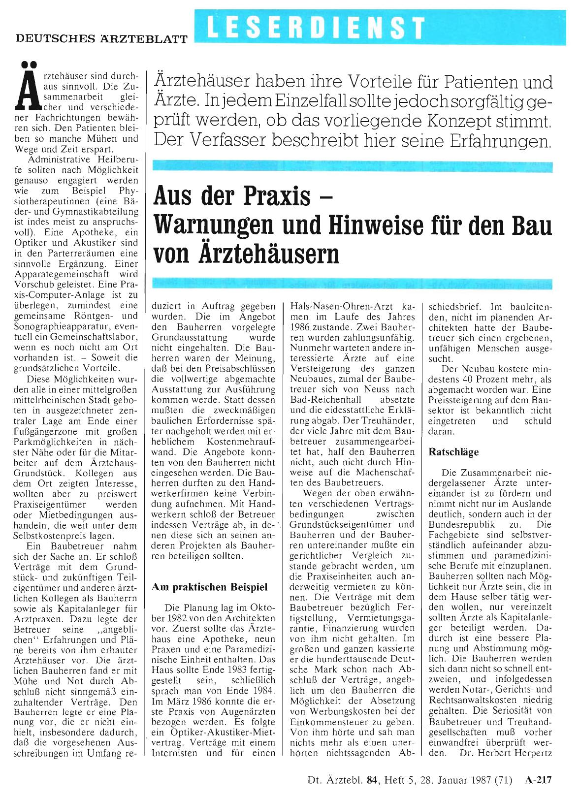 Vorschauseite 1: Aus der Praxis - Warnungen und Hinweise für den Bau von Ärztehäusern