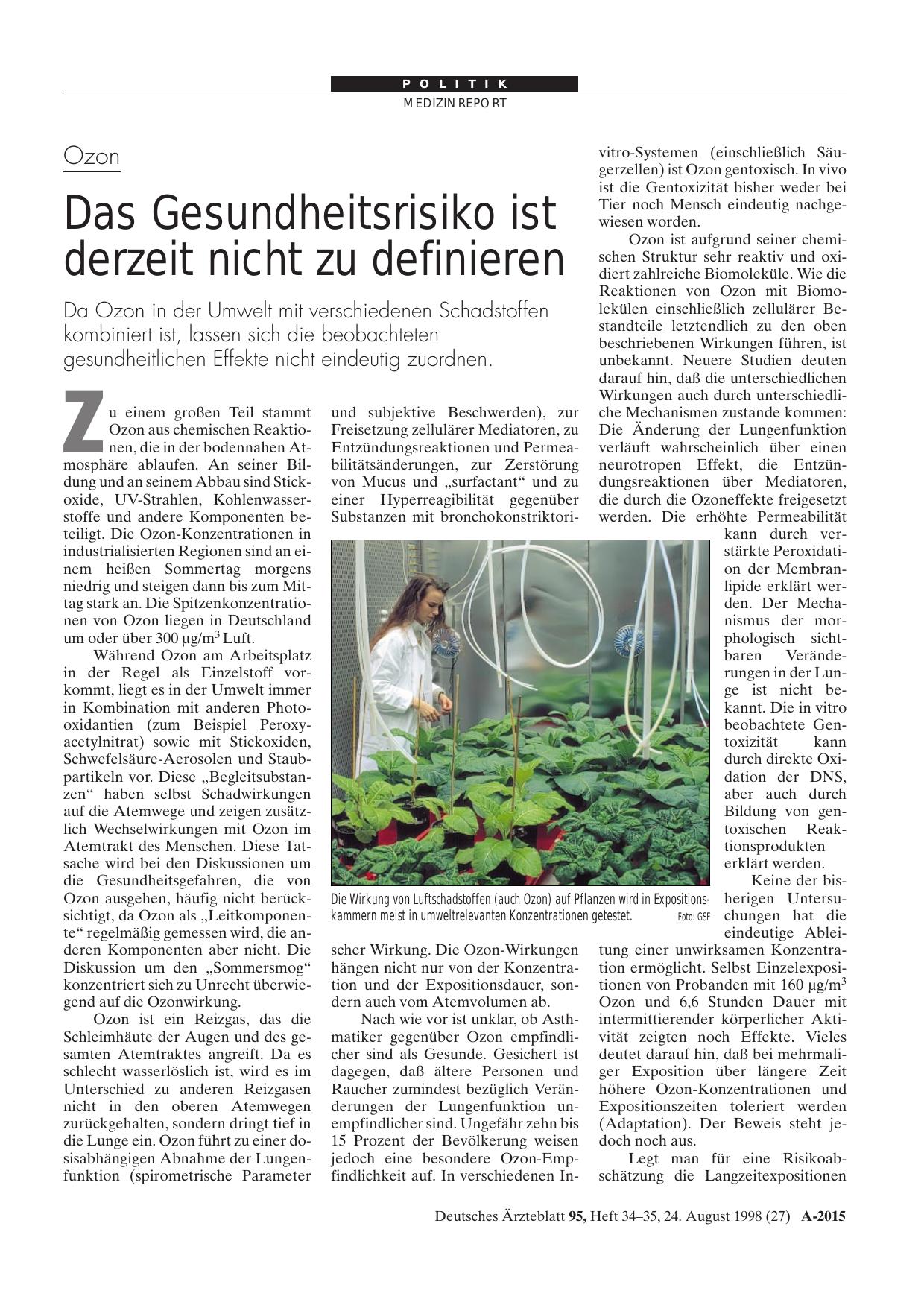 Vorschauseite 1: Ozon: Das Gesundheitsrisiko ist derzeit nicht zu definieren