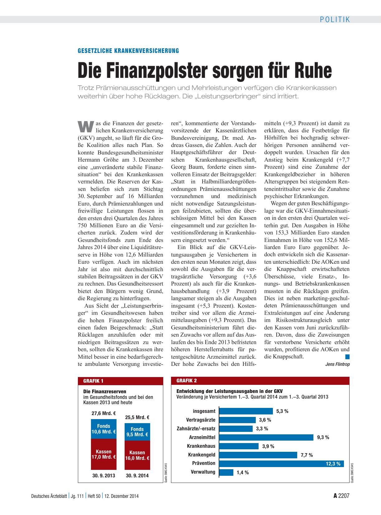 Vorschauseite 1: Gesetzliche Krankenversicherung: Die Finanzpolster sorgen für Ruhe