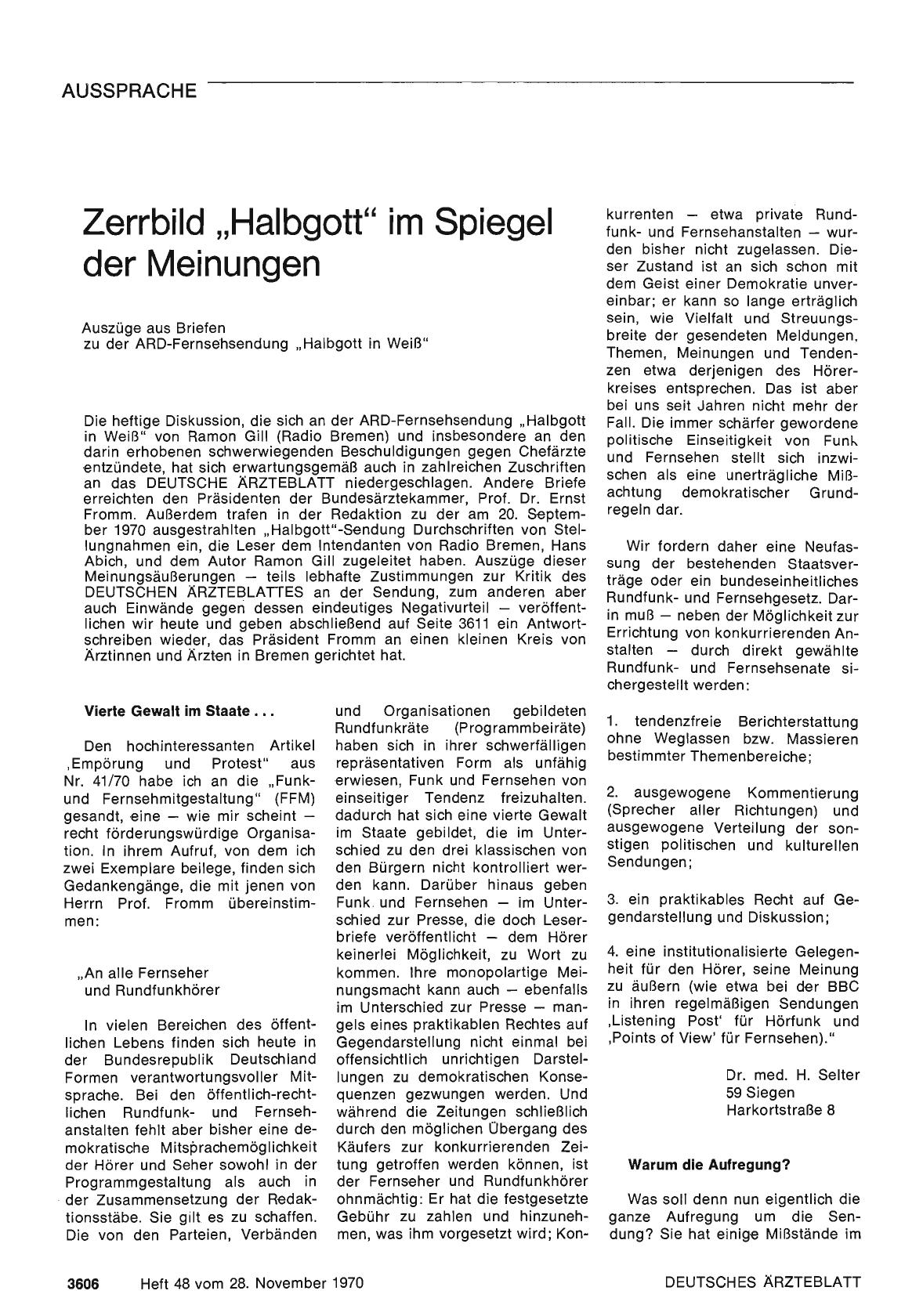 Vorschauseite 1: Zerrbild „Halbgott" im Spiegel der Meinungen: Auszüge aus Briefen zu der ARD-Fernsehsendung „Halbgott in Weiß"
