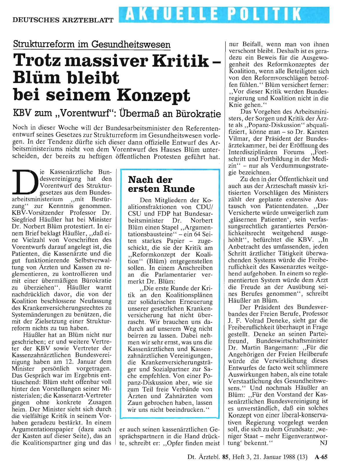 Vorschauseite 1: Strukturreform im Gesundheitswesen: Trotz massiver Kritik – Blüm bleibt bei seinem Konzept
