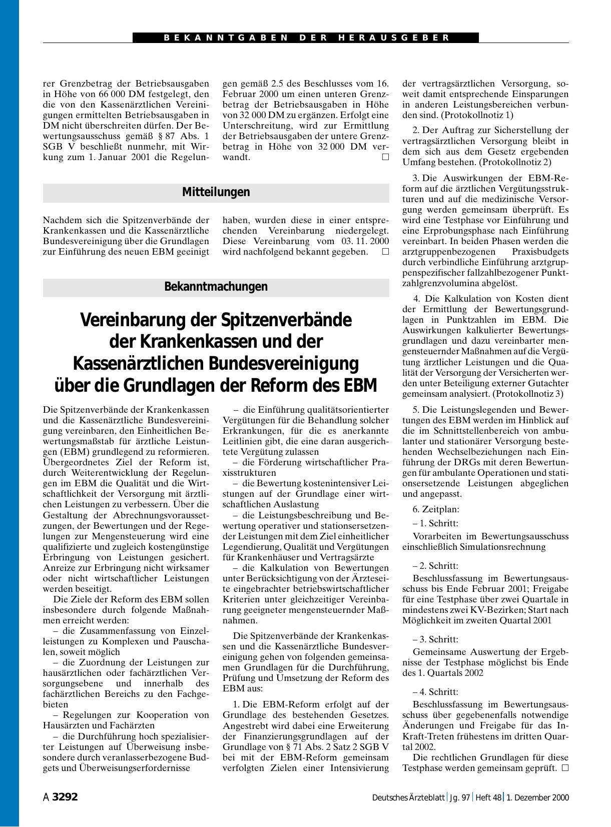 Vorschauseite 1: Bekanntmachungen: Vereinbarung der Spitzenverbände der Krankenkassen und der Kassenärztlichen Bundesvereinigung über die Grundlagen der Reform des EBM
