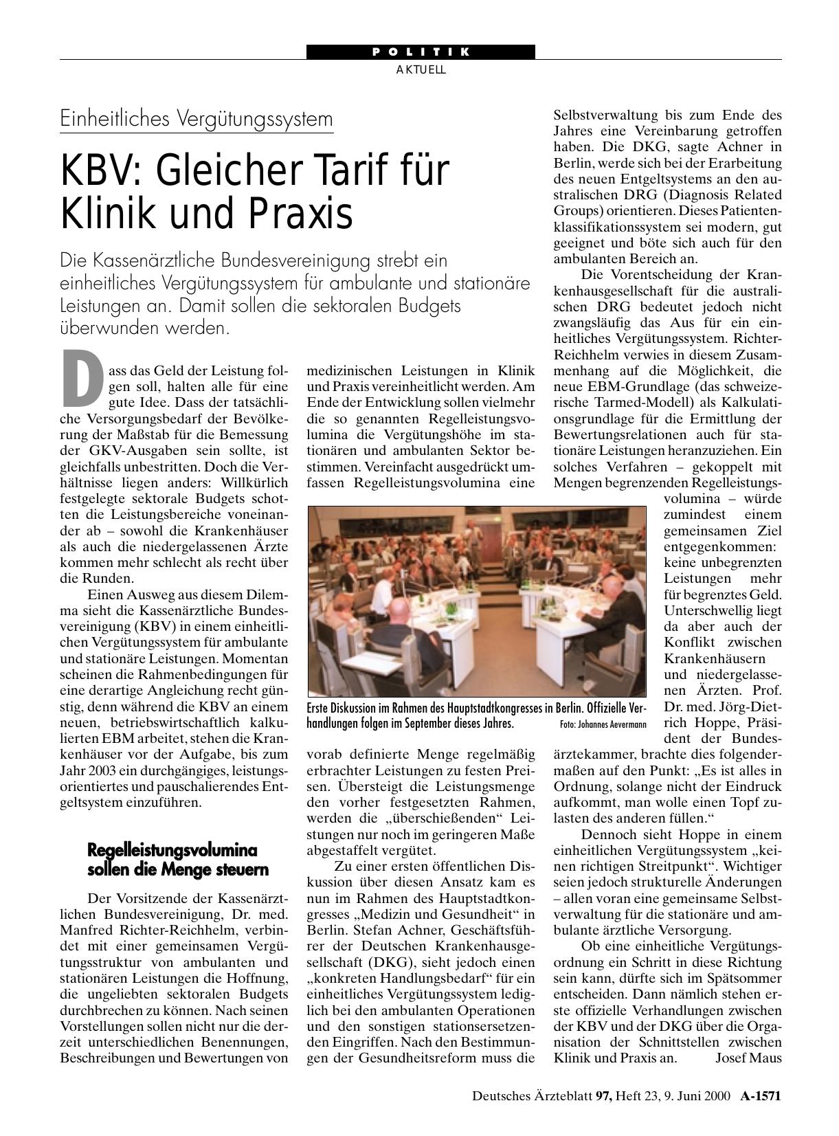 Vorschauseite 1: Einheitliches Vergütungssystem – KBV: Gleicher Tarif für Klinik und Praxis