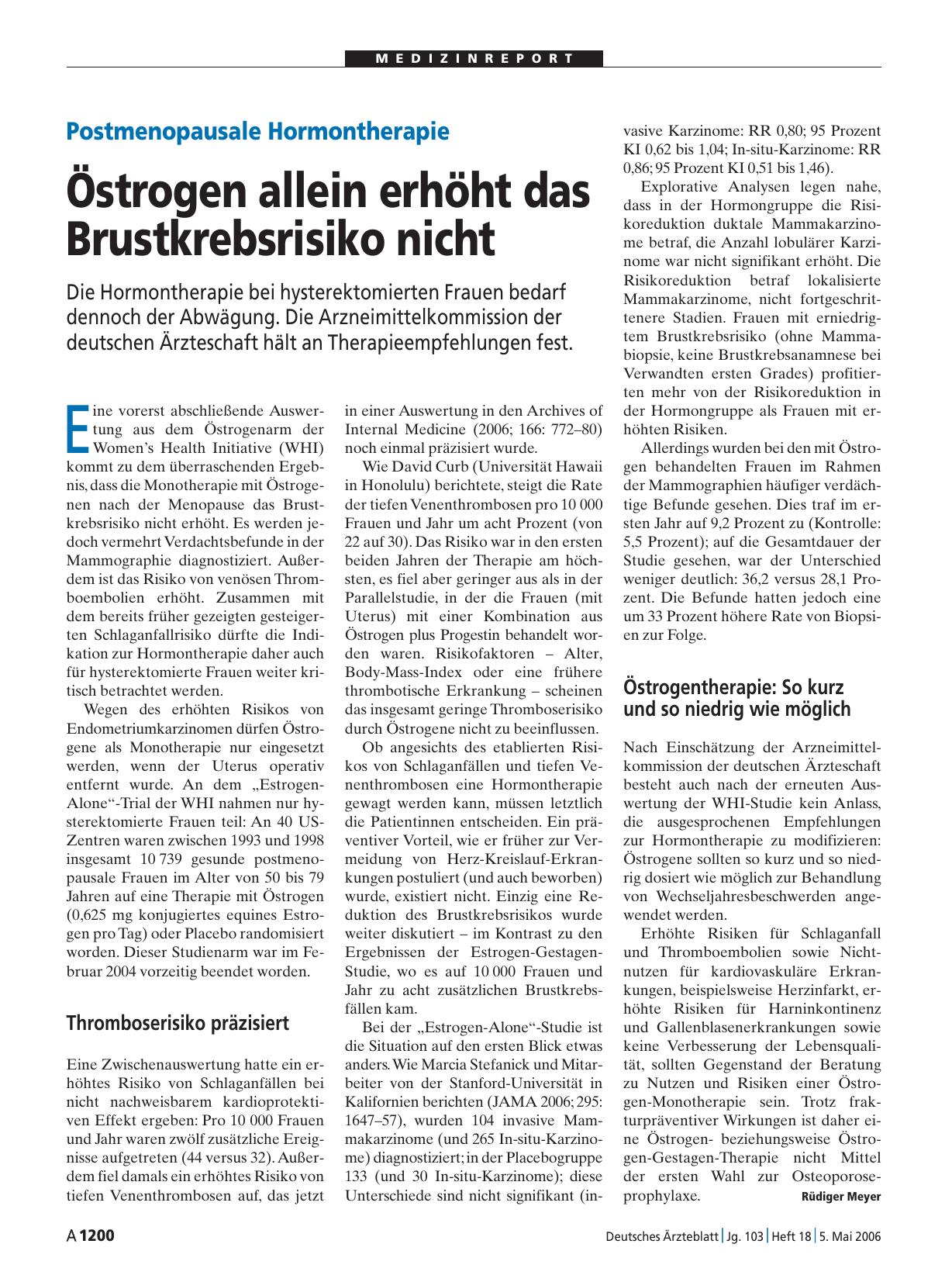Vorschauseite 1: Postmenopausale Hormontherapie: Östrogen allein erhöht das Brustkrebsrisiko nicht