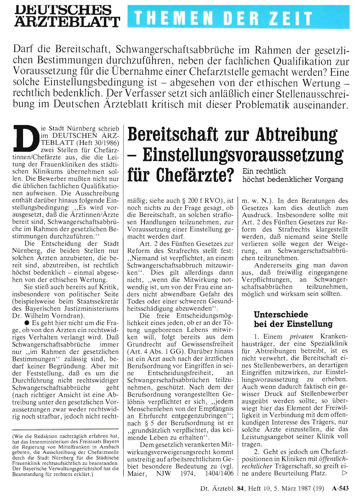 Vorschauseite 1: Bereitschaft zur Abtreibung – Einstellungsvoraussetzung für Chefärzte?