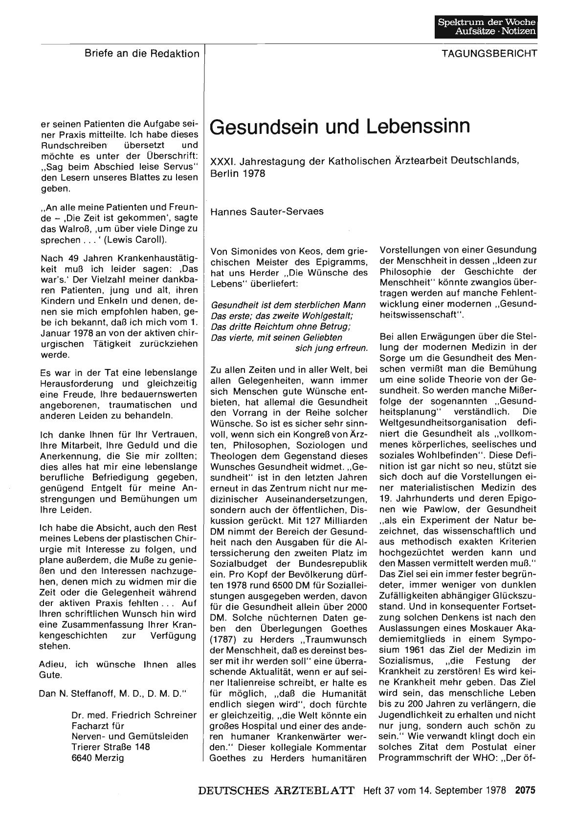 Vorschauseite 1: Gesundsein und Lebenssinn: XXXI. Jahrestagung der Katholischen Ärztearbeit Deutschlands, Berlin 1978