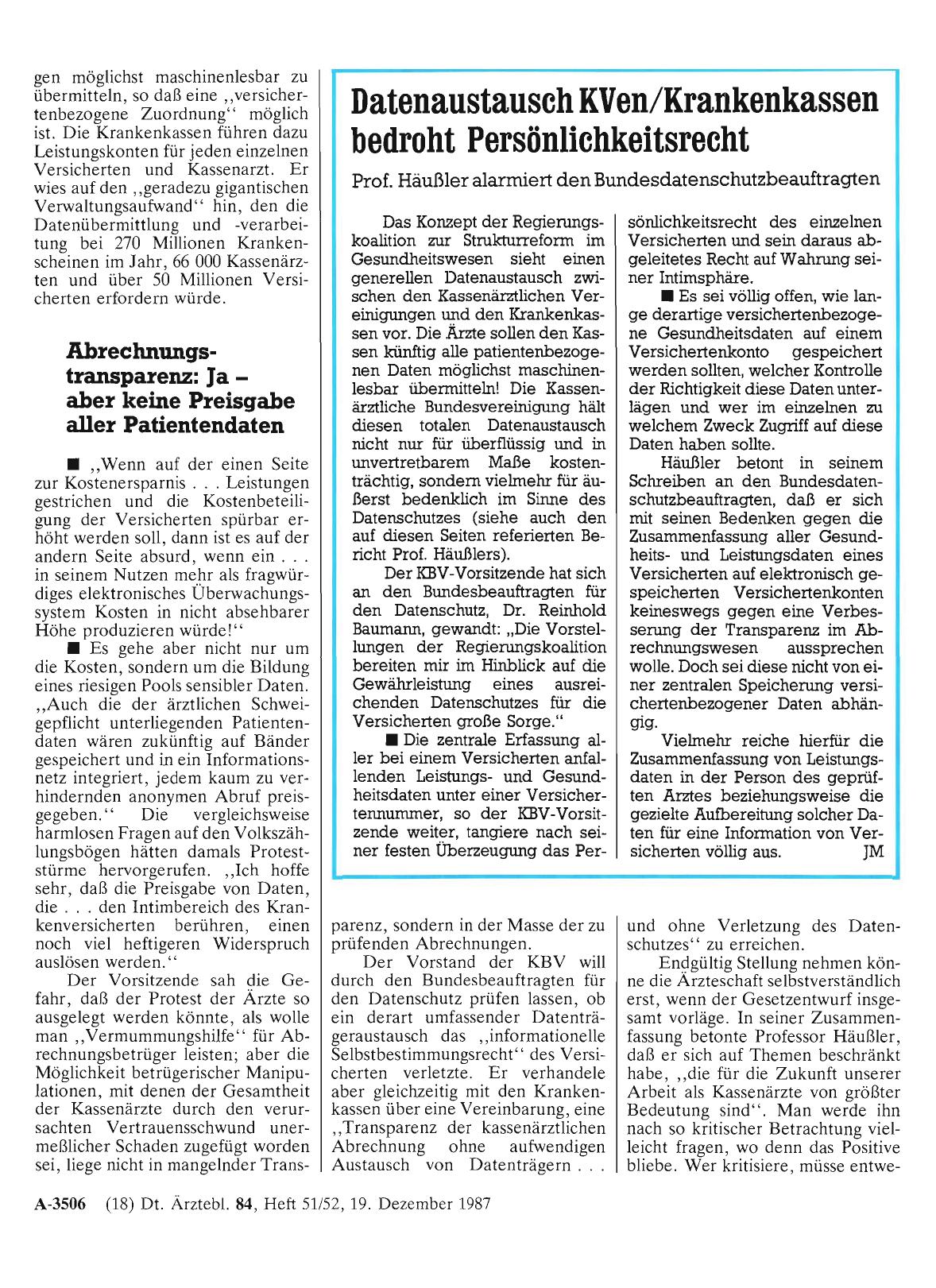 Vorschauseite 1: Datenaustausch KVen/Krankenkassen bedroht Persönlichkeitsrecht: Prof. Häußler alarmiert den Bundesdatenschutzbeauftragten