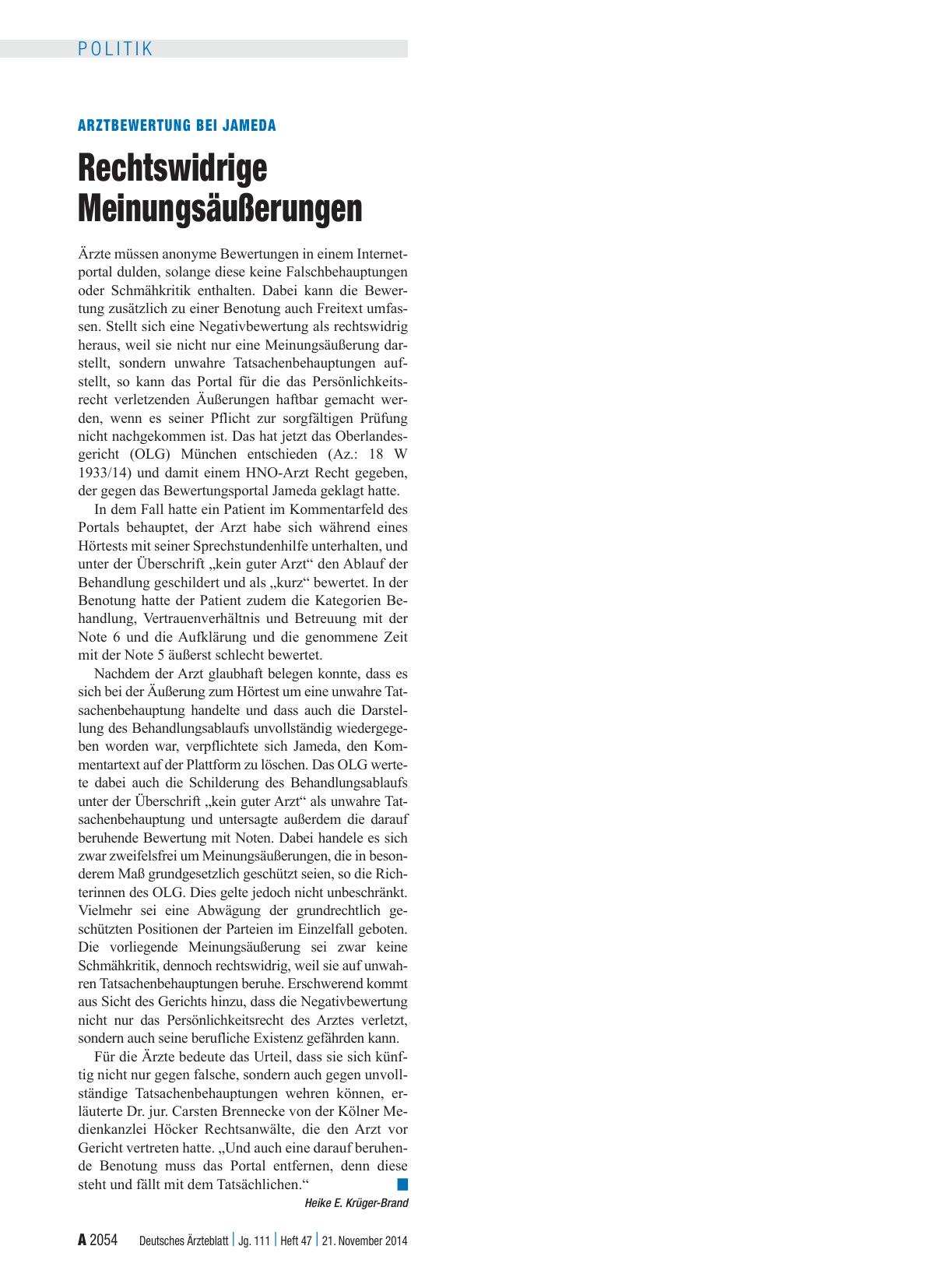 Vorschauseite 1: Arztbewertung bei Jameda: Rechtswidrige Meinungsäußerungen