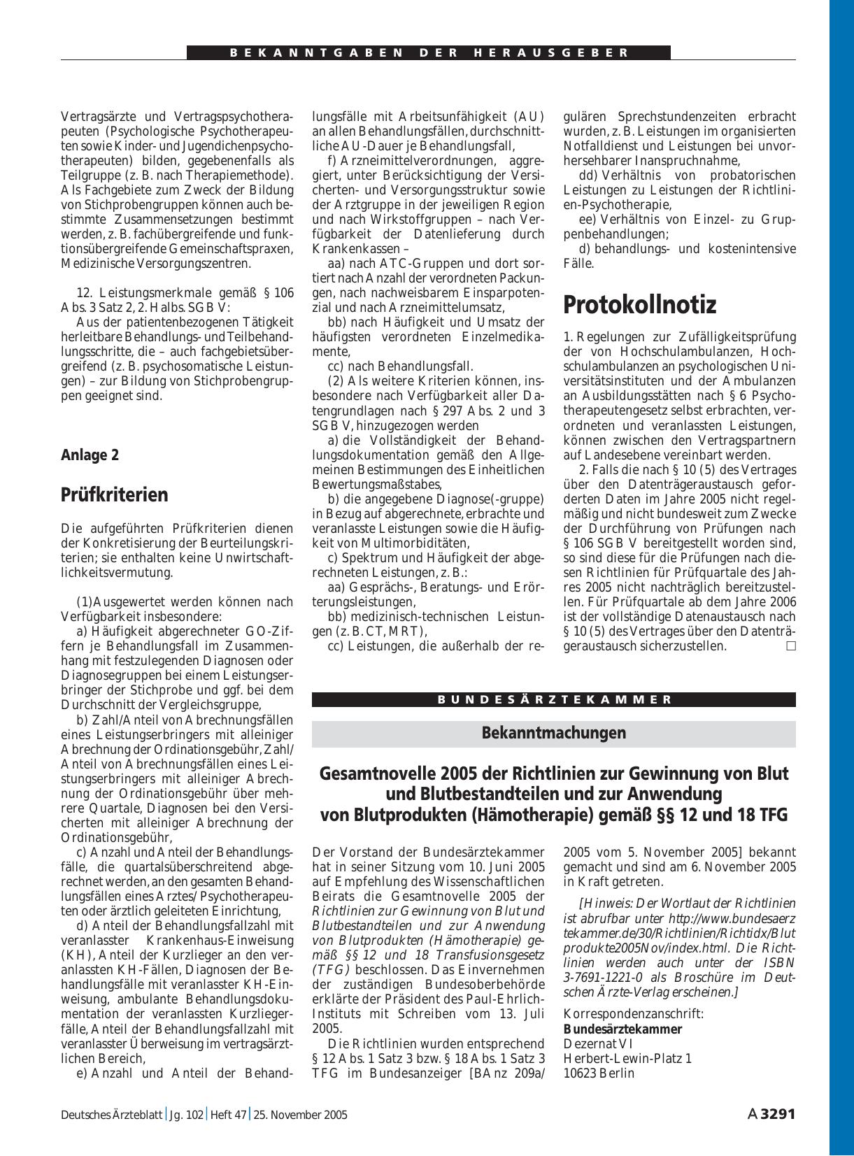 Vorschauseite 1: Bekanntmachungen: Gesamtnovelle 2005 der Richtlinien zur Gewinnung von Blut und Blutbestandteilen und zur Anwendung von Blutprodukten (Hämotherapie) gemäß §§ 12 und 18 TFG