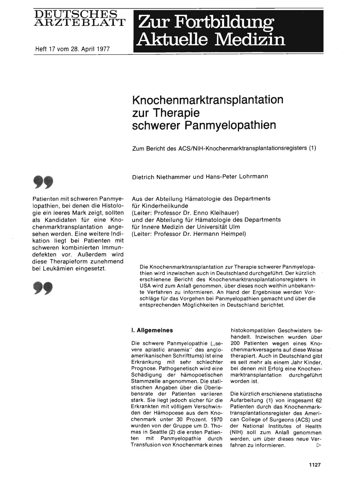 Vorschauseite 1: Knochenmarktransplantation zur Therapie schwerer Panmyelopathien: Zum Bericht des ACS/NIH-Knochenmarktransplantationsregisters (1)