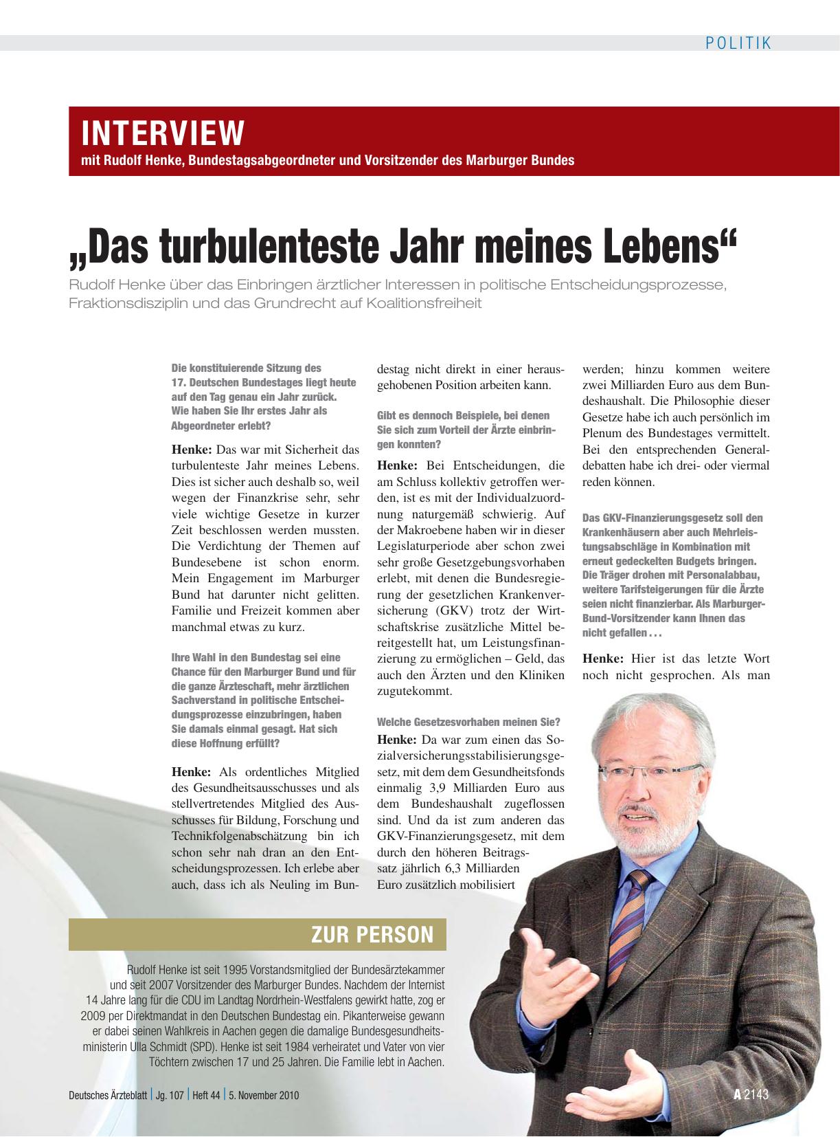 Vorschauseite 1: Interview mit Rudolf Henke, Bundestagsabgeordneter und Vorsitzender des Marburger Bundes „Das turbulenteste Jahr meines Lebens“