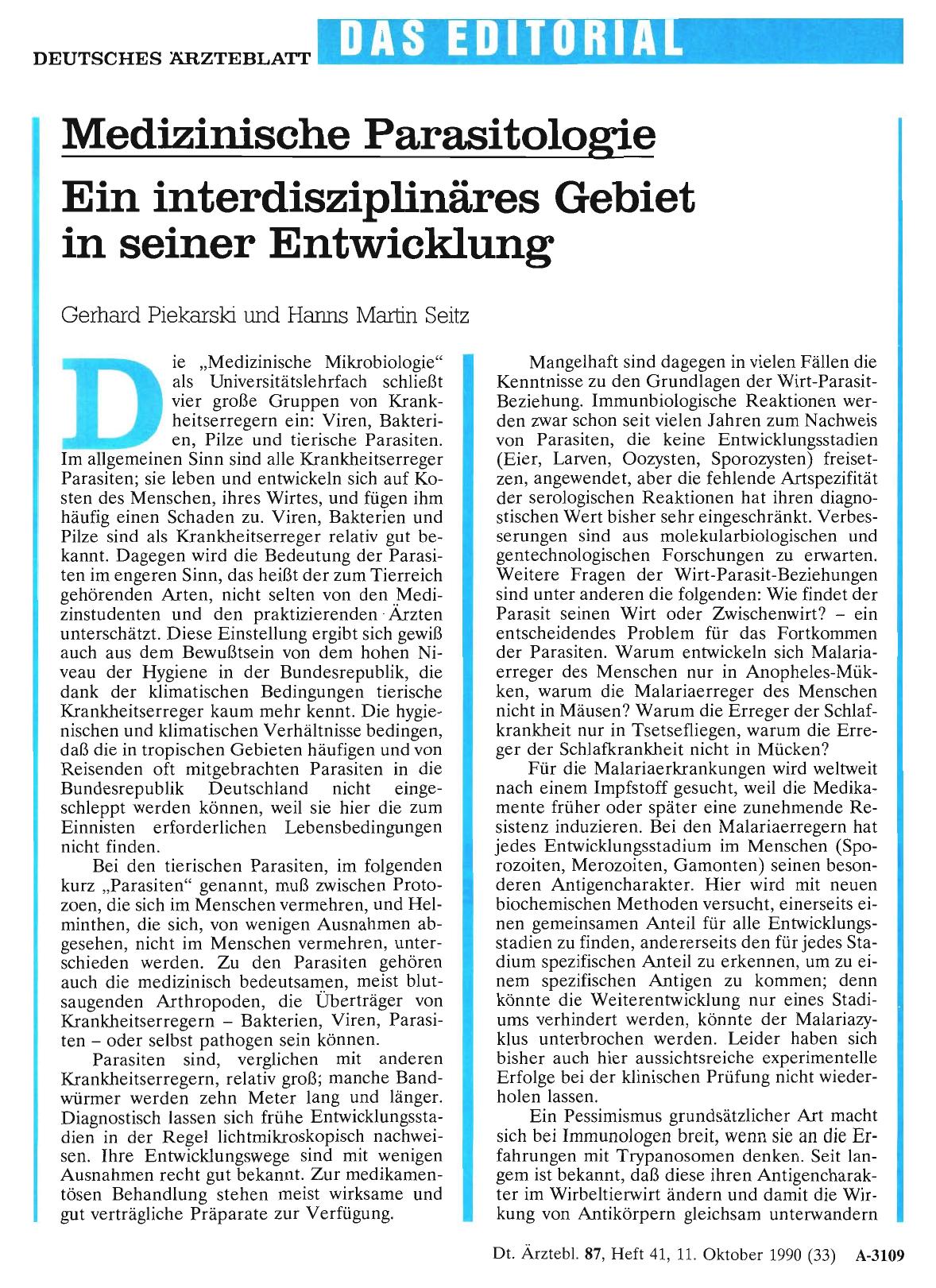 Vorschauseite 1: Medizinische Parasitologie: Ein interdisziplinäres Gebiet in seiner Entwicklung