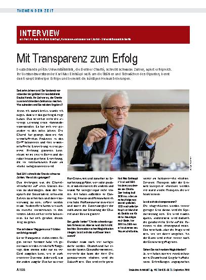 Vorschauseite 1: Interview mit Prof. Dr. med. Karl Max Einhäupl, Vorstandsvorsitzender der Charité – Universitätsmedizin Berlin: Mit Transparenz zum Erfolg