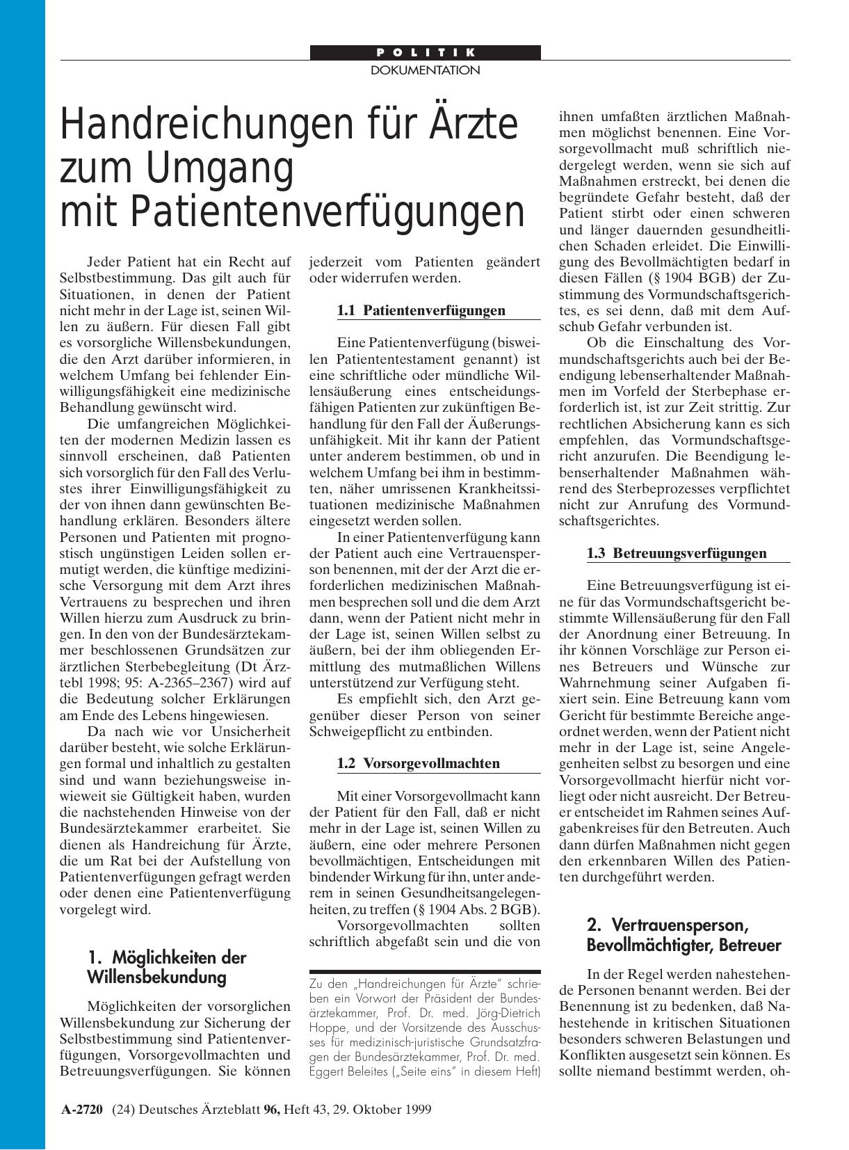 Vorschauseite 1: Handreichungen für Ärzte zum Umgang mit Patientenverfügungen