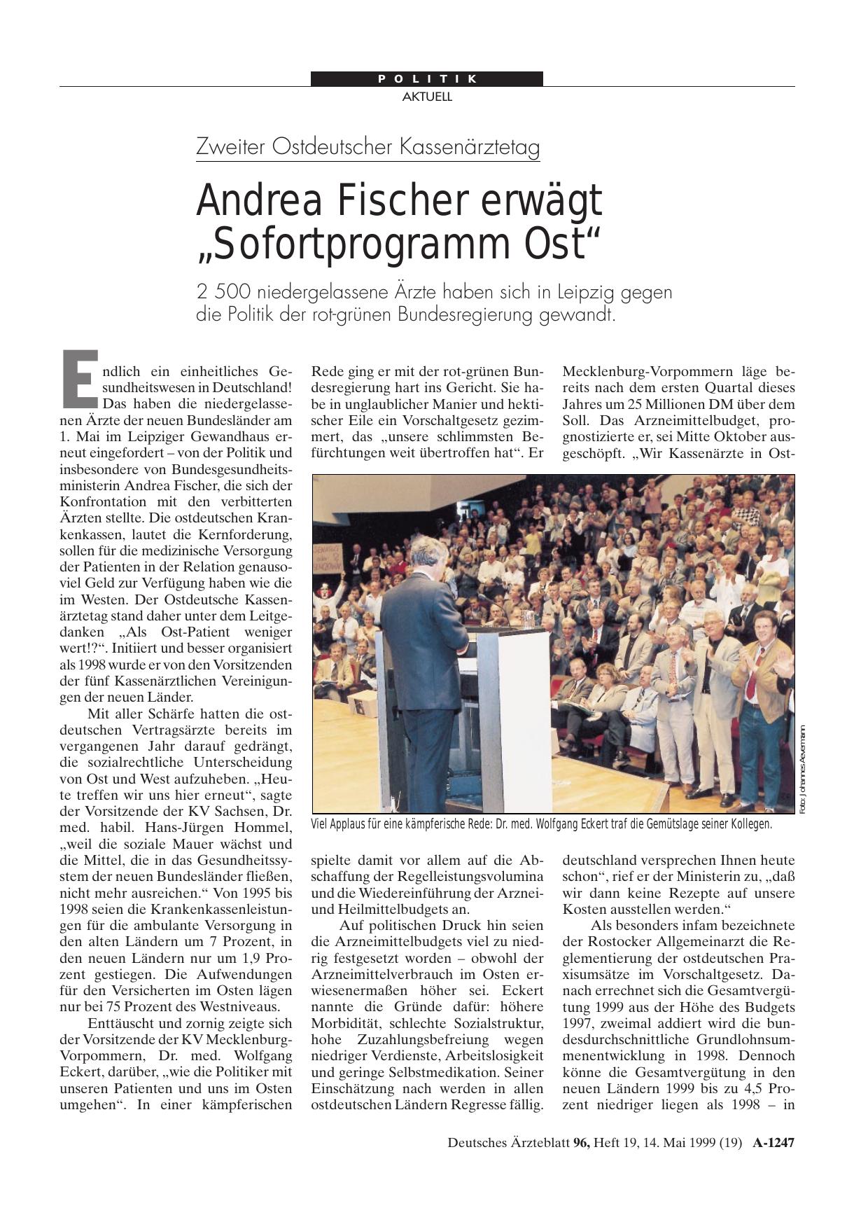 Vorschauseite 1: Zweiter Ostdeutscher Kassenärztetag: Andrea Fischer erwägt „Sofortprogramm Ost“