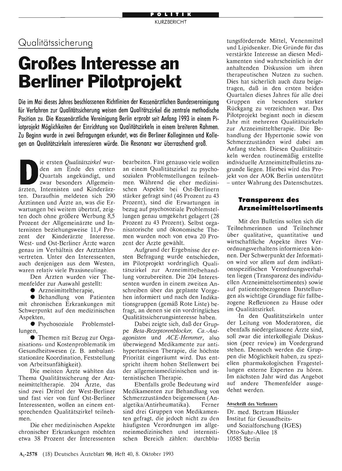Vorschauseite 1: Qualitätssicherung: Großes Interesse an Berliner Pilotprojekt