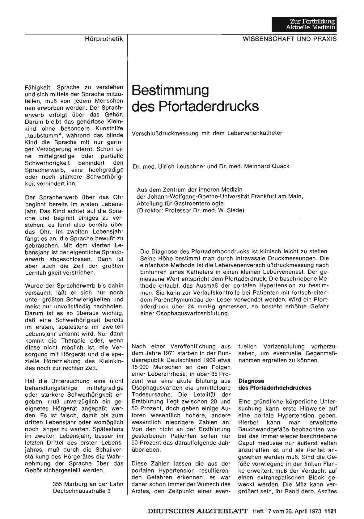 Vorschauseite 1: Bestimmung des Pfortaderdrucks: Verschlußdruckmessung mit dem Lebervenenkatheter