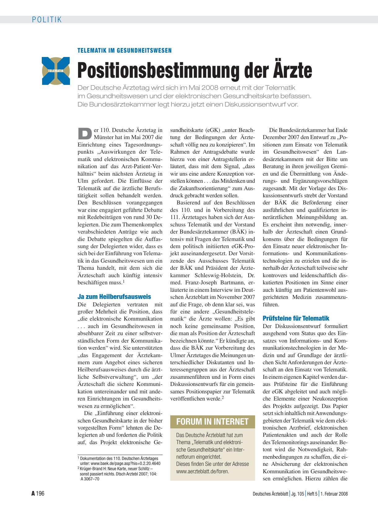 Vorschauseite 1: Telematik im Gesundheitswesen: Positionsbestimmung der Ärzte